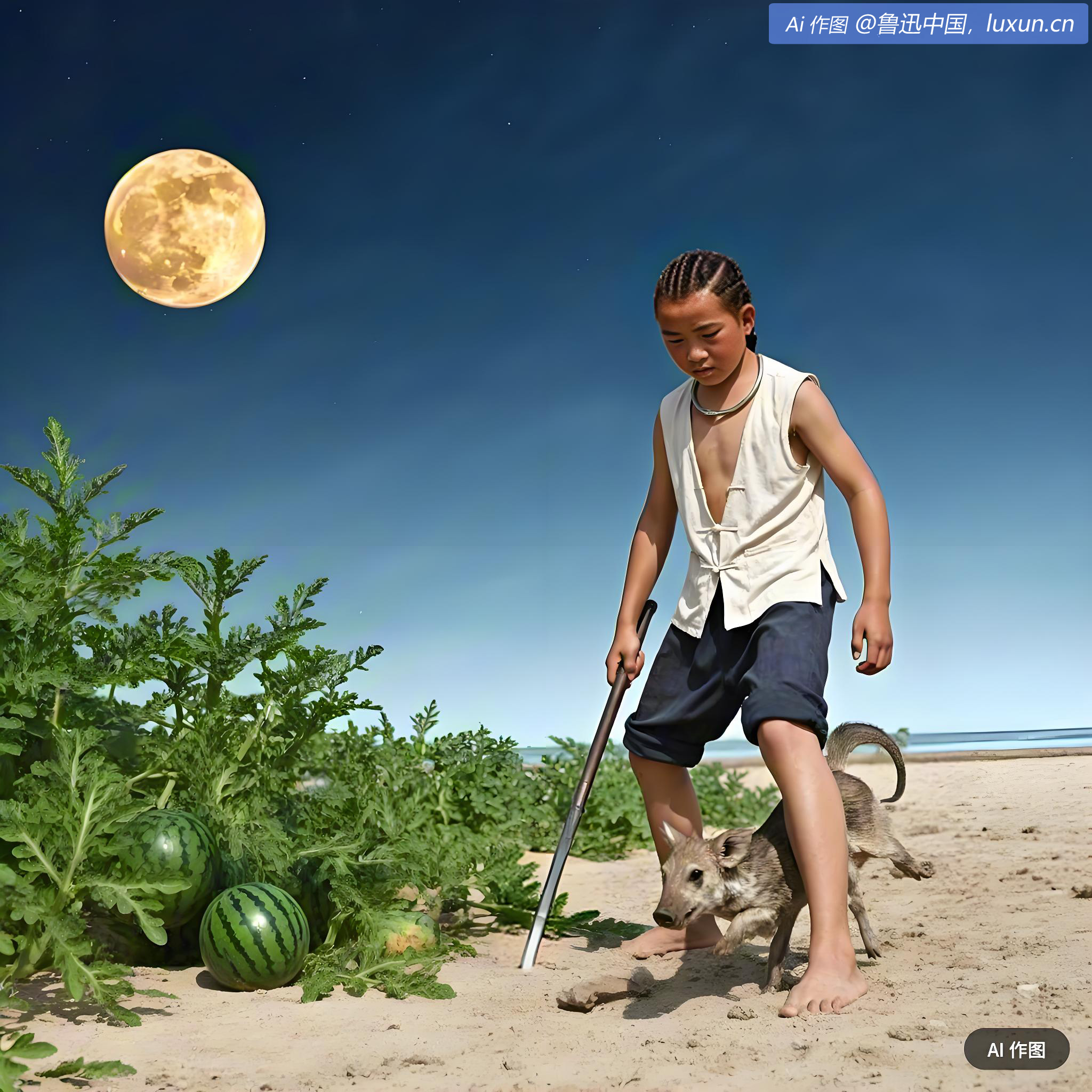 深蓝的天空中挂着一轮金黄的圆月，下面是海边的沙地