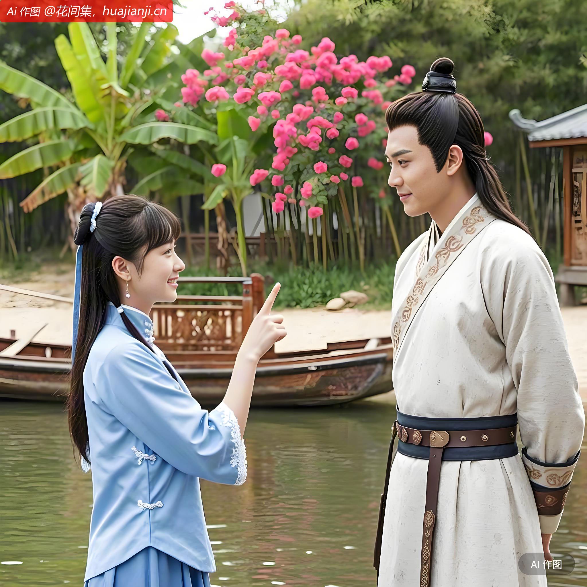 水上游人沙上女。回顾，笑指芭蕉林里住。