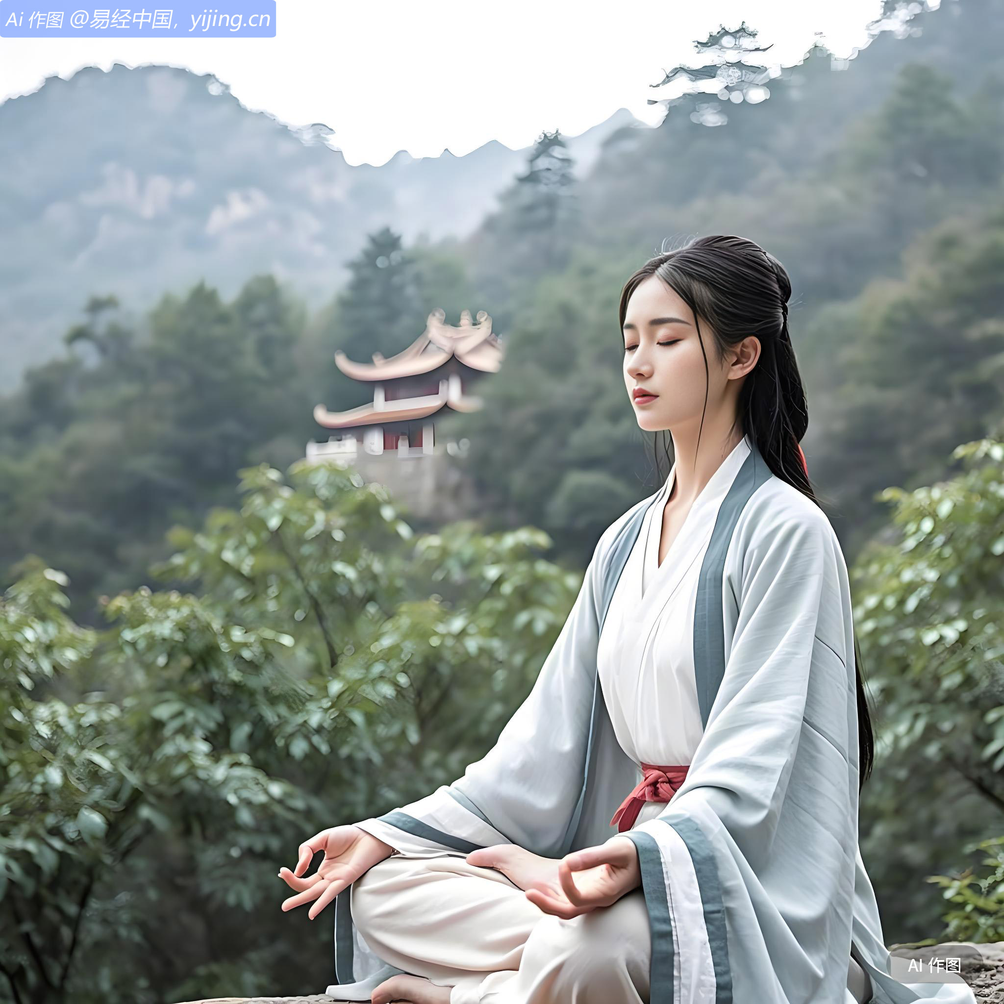 她沉浸在冥想的世界里，只有内心的平静与宇宙的奥秘在交织。