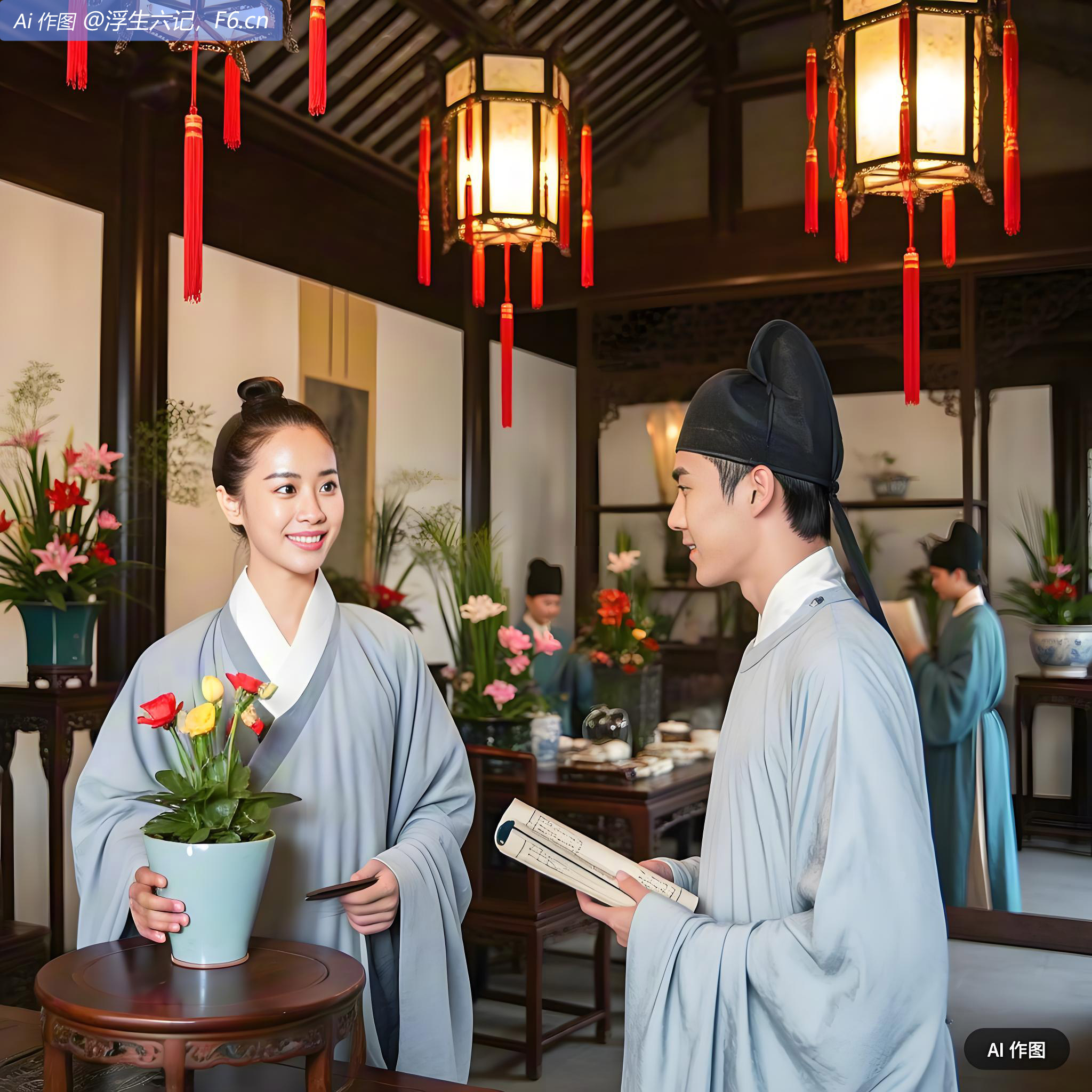 夜则参差高下，插烛于瓶花间，名曰“花照”