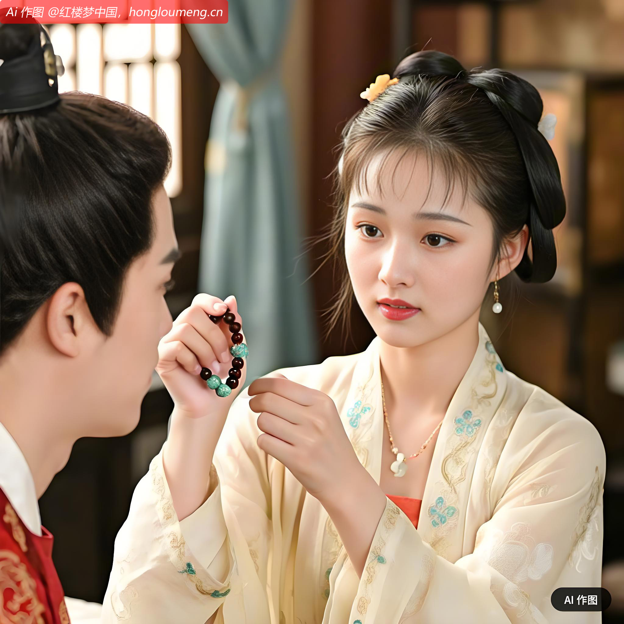 宝玉在旁看着雪白一段酥臂，不觉动了羡慕之心