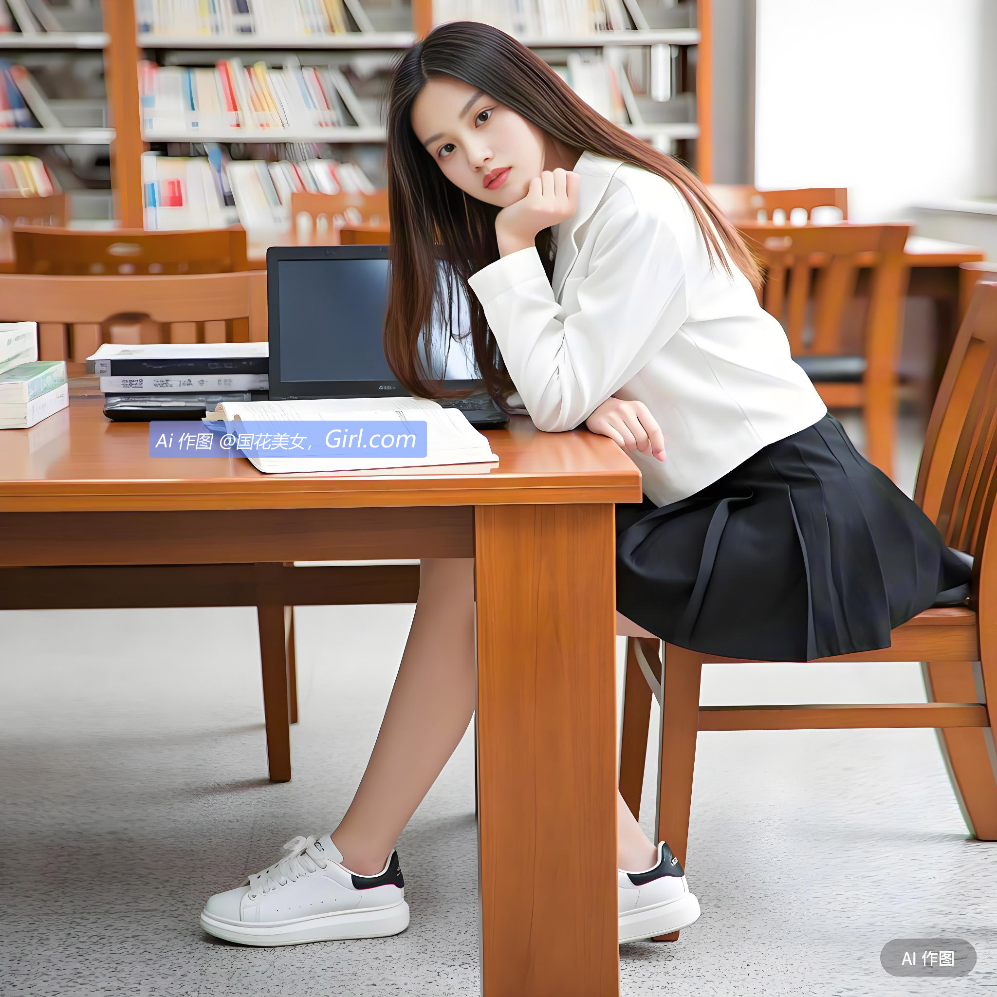 她身穿白色上衣和黑色短裙，眼神透出些许迷茫。