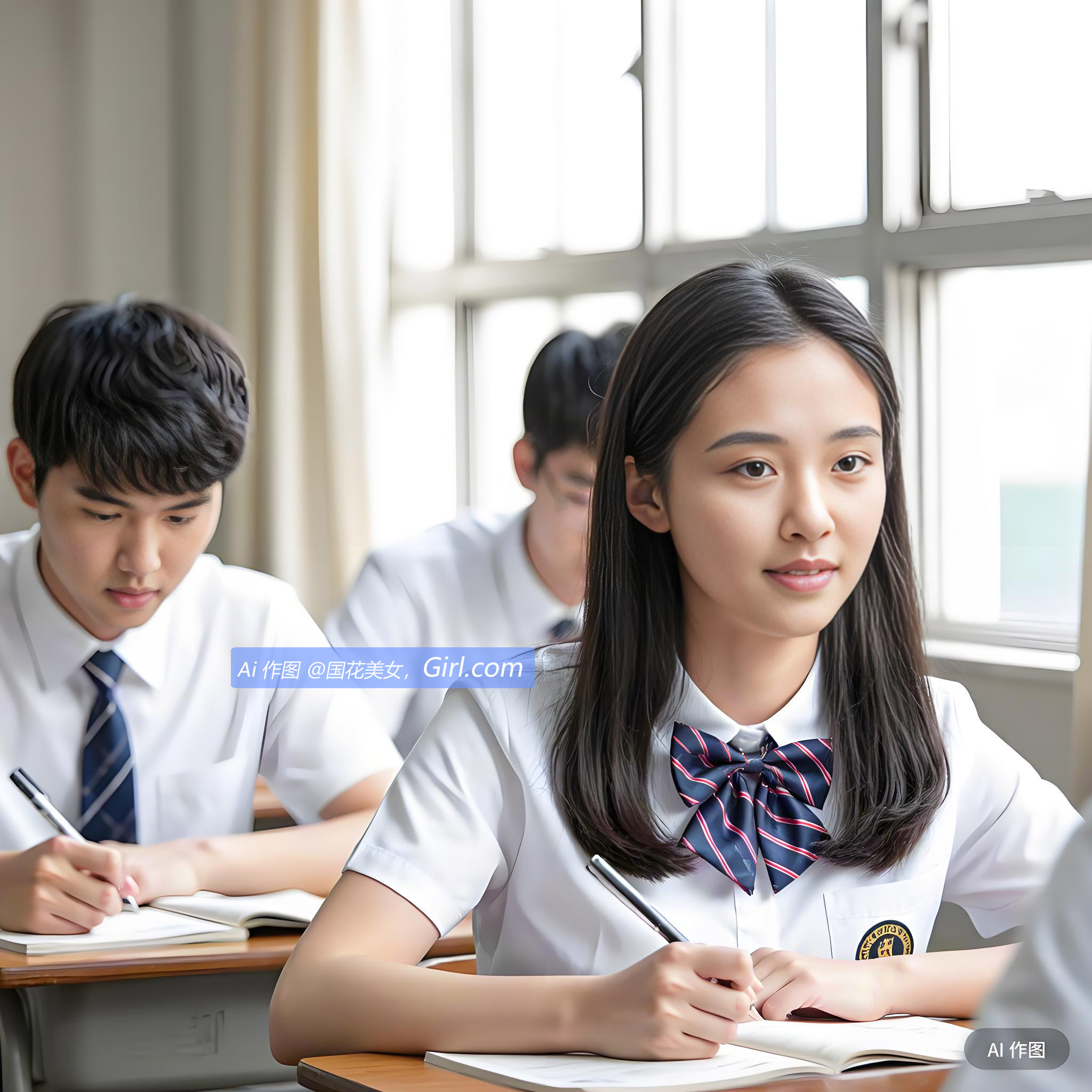 阳光透过窗户洒在她的蝴蝶结上。