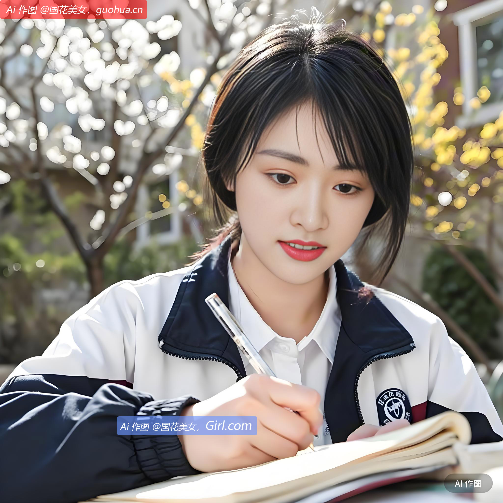 她手中的笔在书本上飞舞，眉头微蹙。