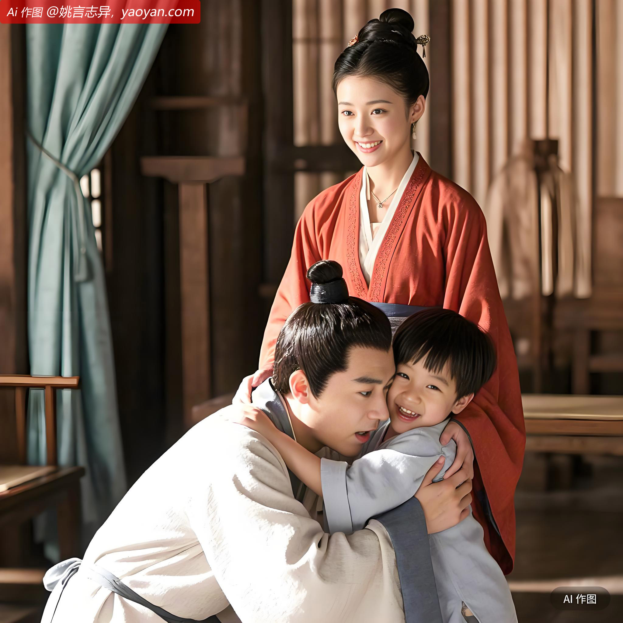 烛之，则红玉也。挽一小儿，嬉笑跨下。