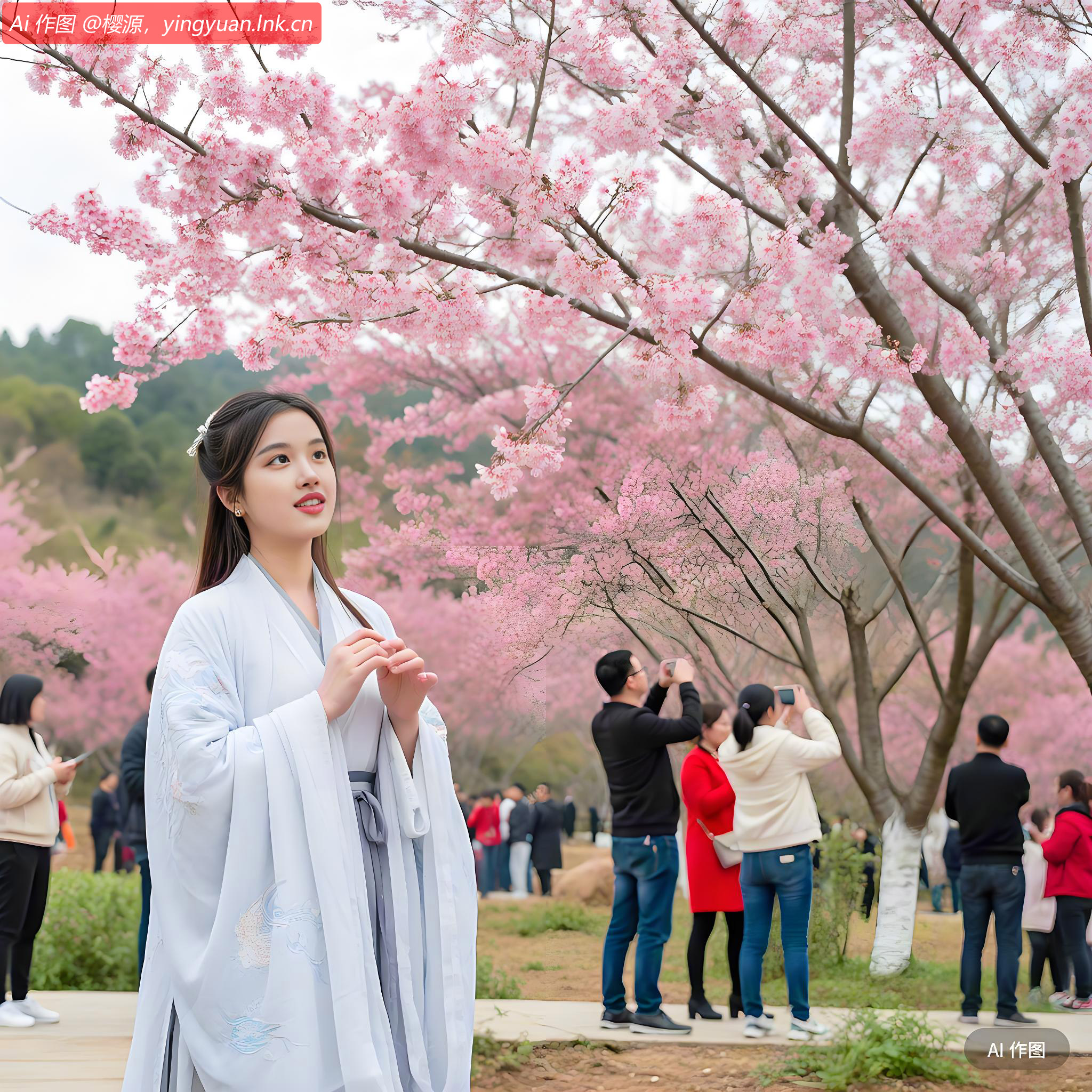 微风拂过，花瓣如雪般飘落，她轻轻抬手，接住一片花瓣。