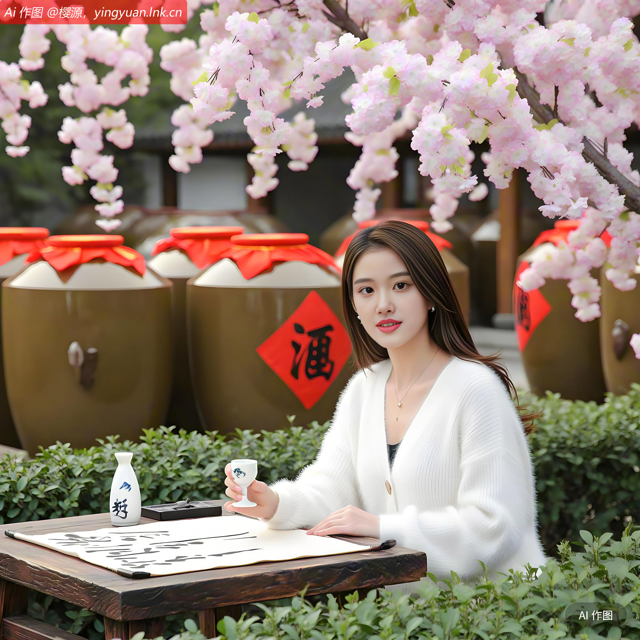 桌上摆放着【樱源品牌酱酒】，她轻抿一口