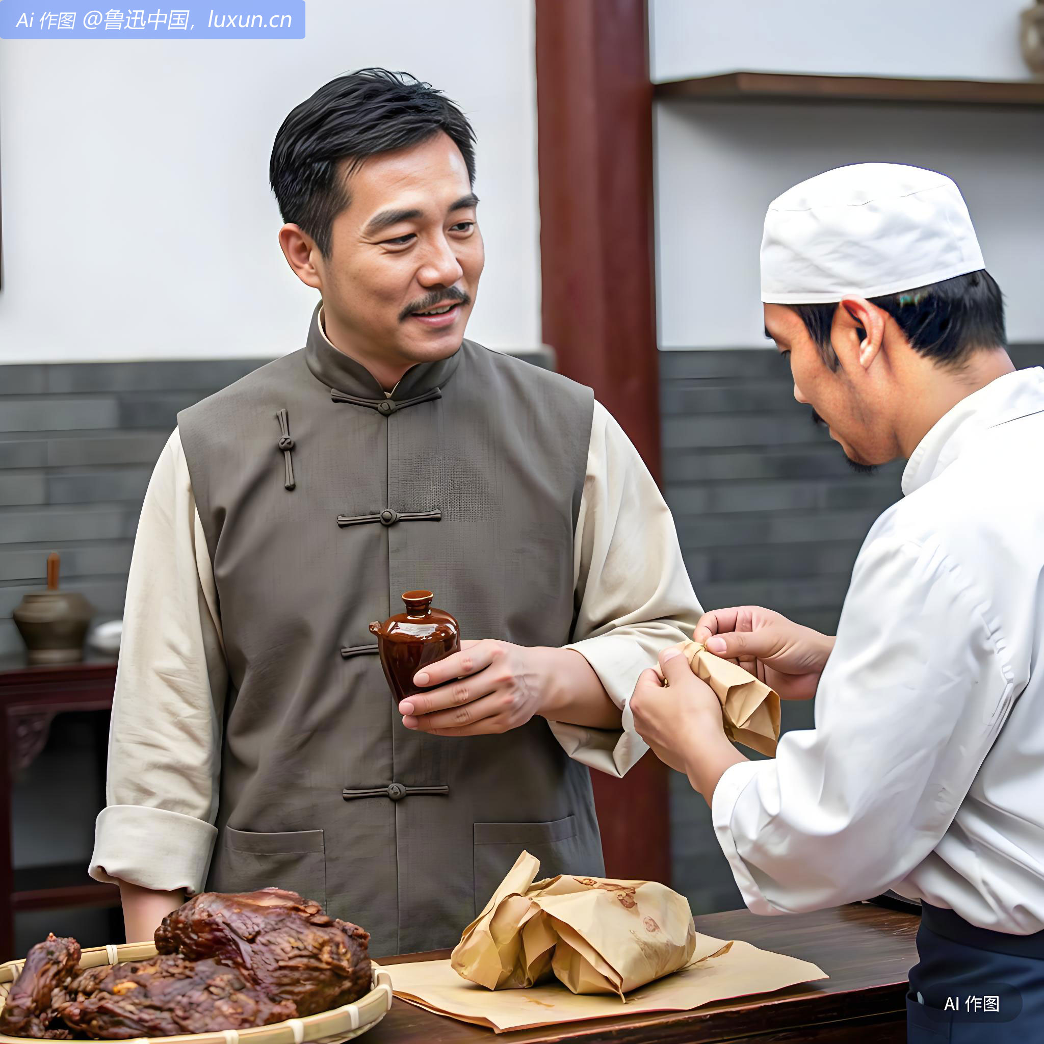 归过稻香村买中山松醪两罂，牛肉半斤。