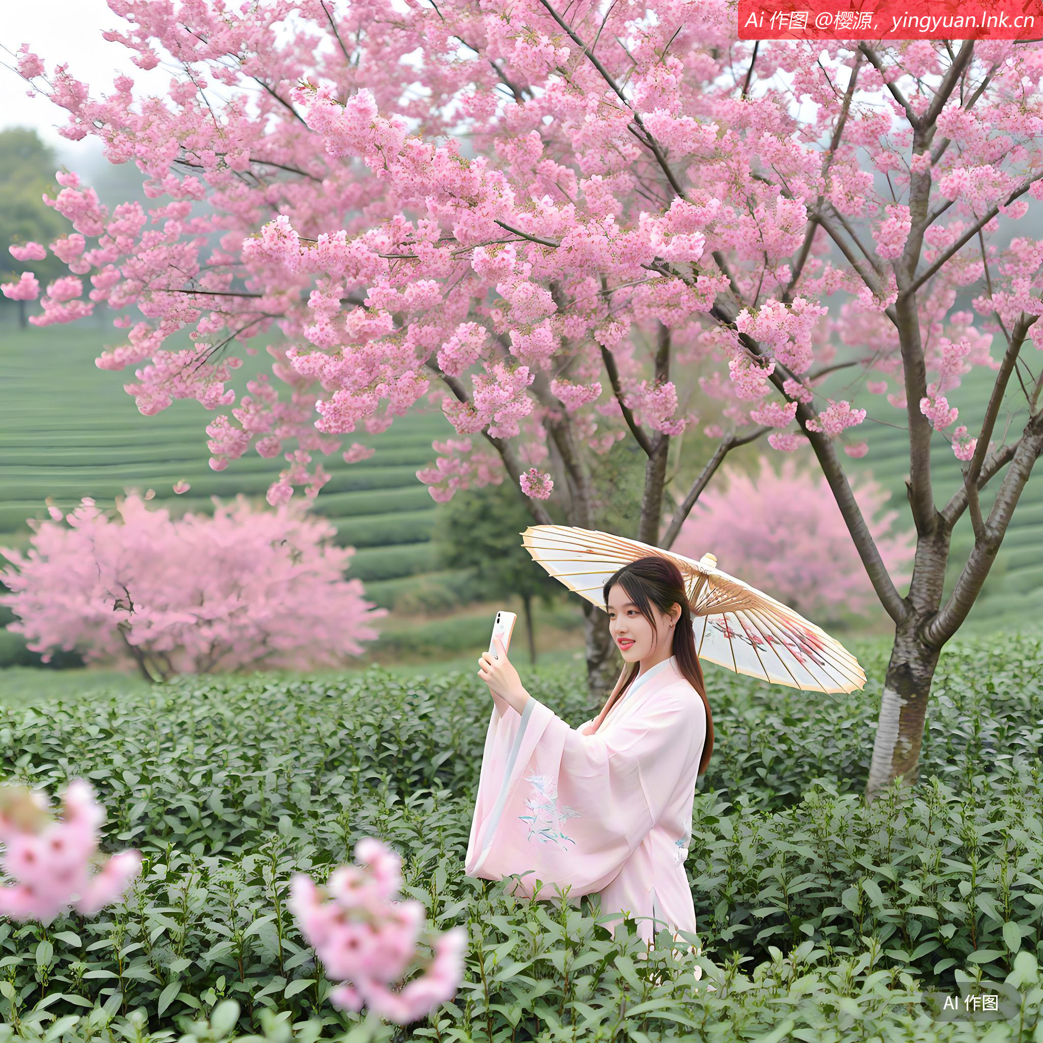 杭州市富春街道拔山村万亩茶山，樱花盛开