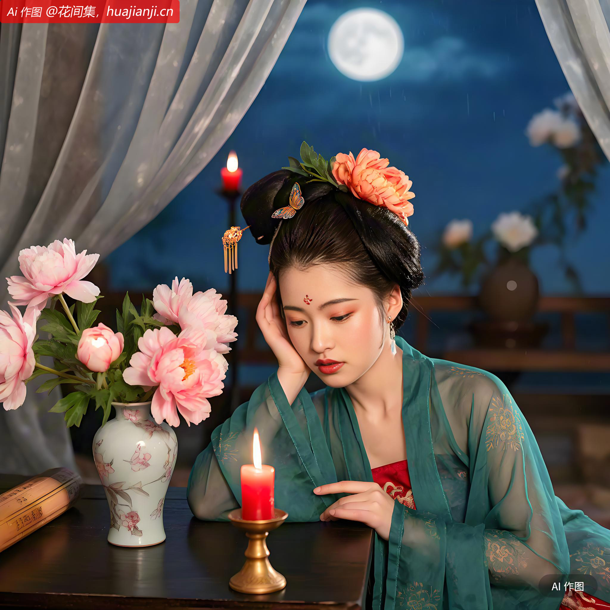 心事竟谁知？月明花满枝。