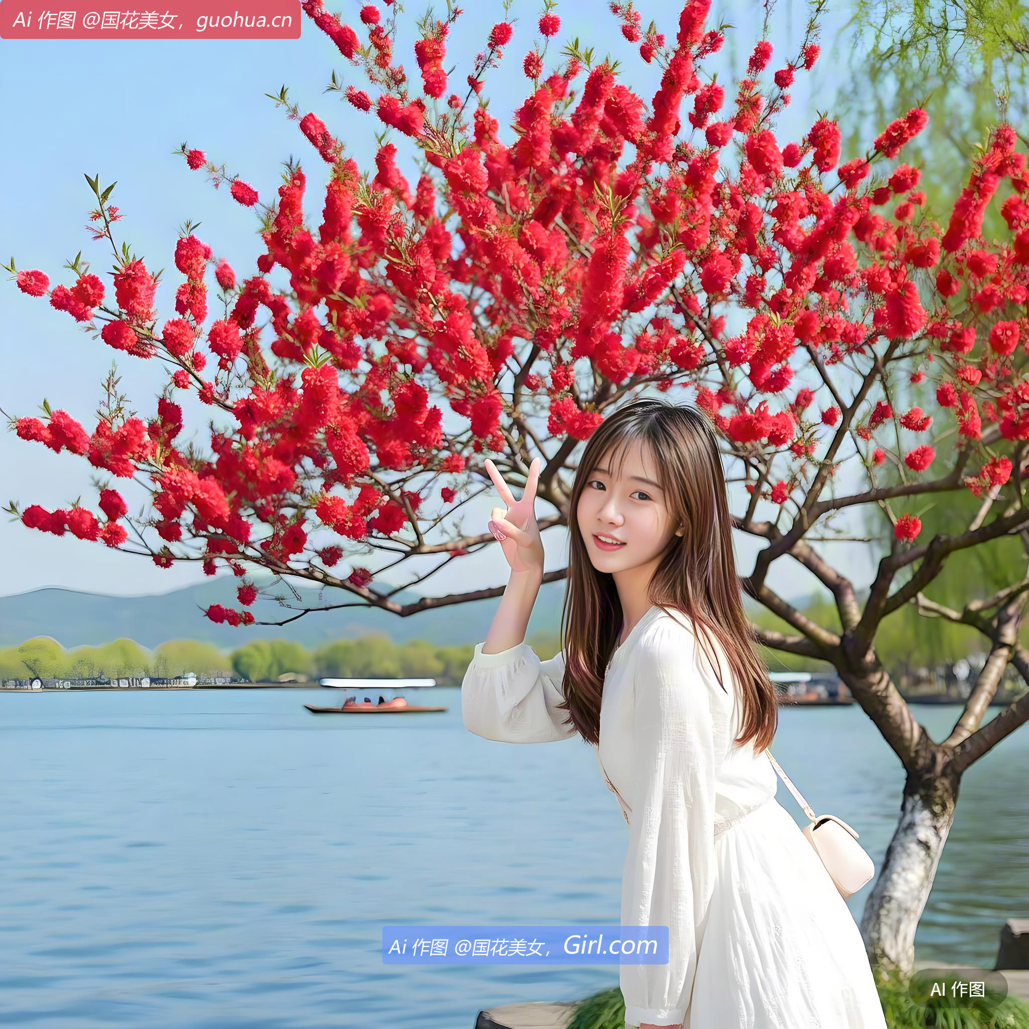 西湖绛桃盛开如云，人面桃花相映红。