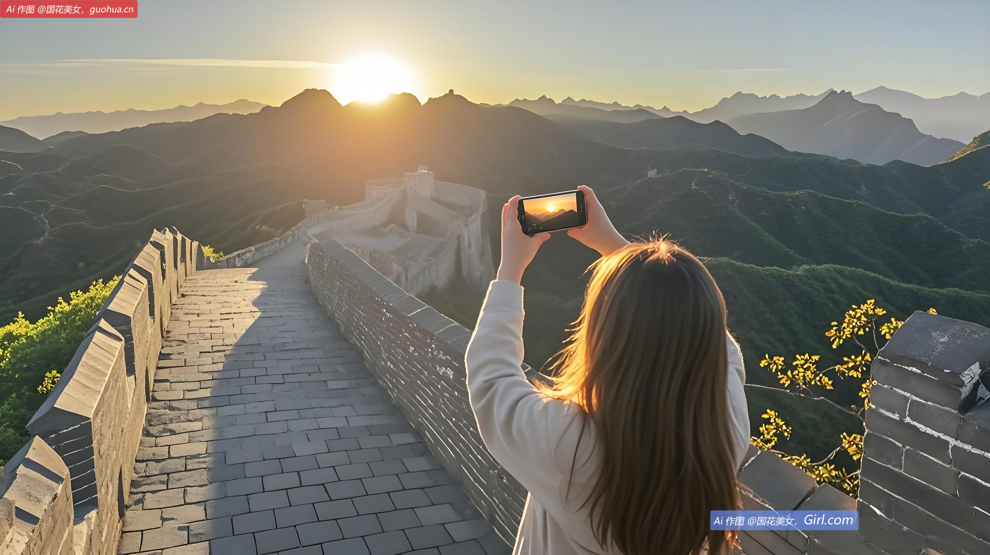 承德市滦平县金山岭长城，晨光映照，美景如画