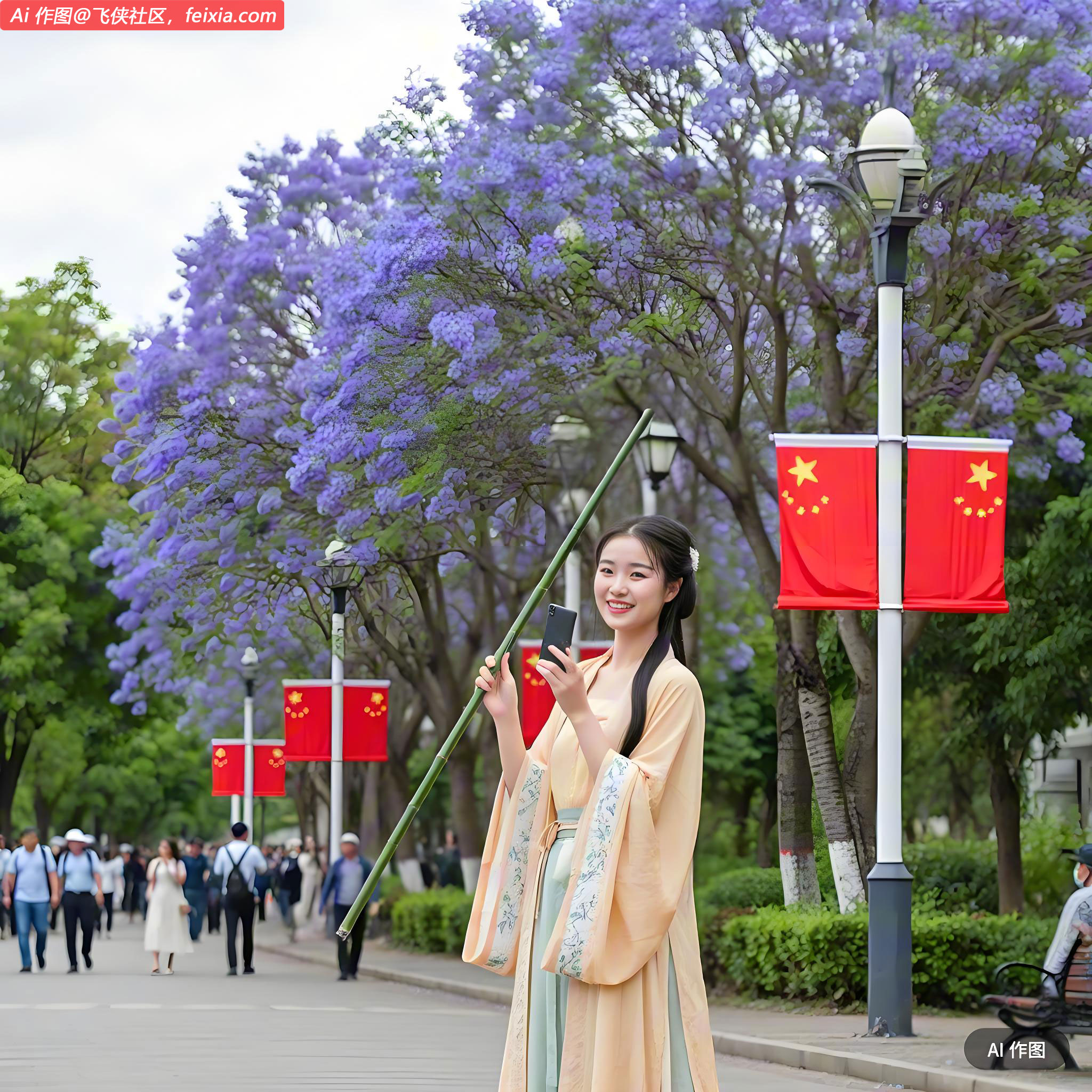 蓝紫色的花朵挂满枝头，微风吹过，花瓣如雪般飘落