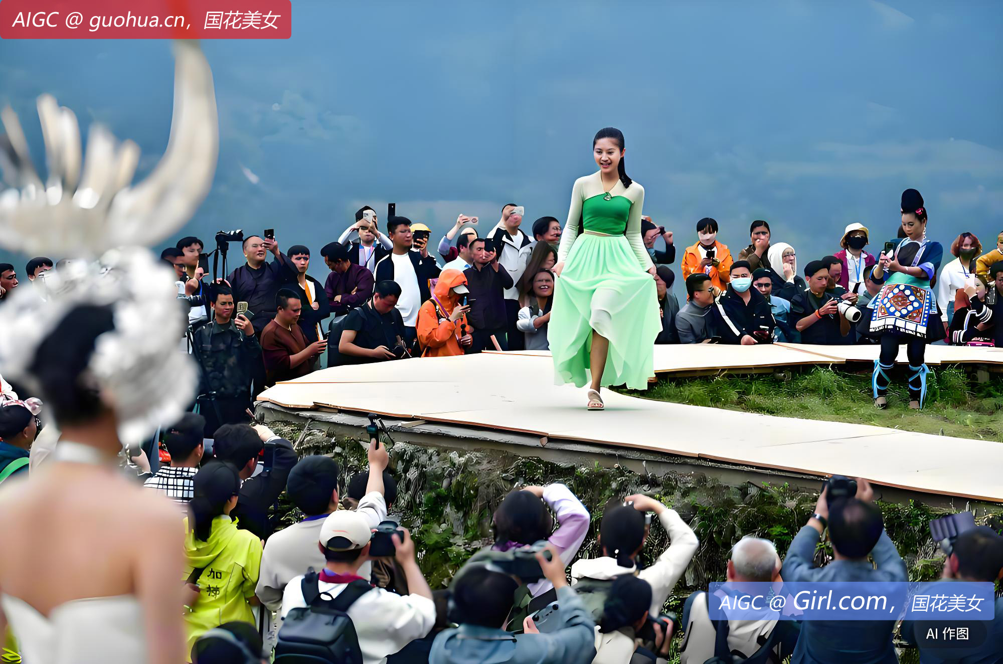 模特在贵州省从江县加榜梯田上参加梯田走秀活动。