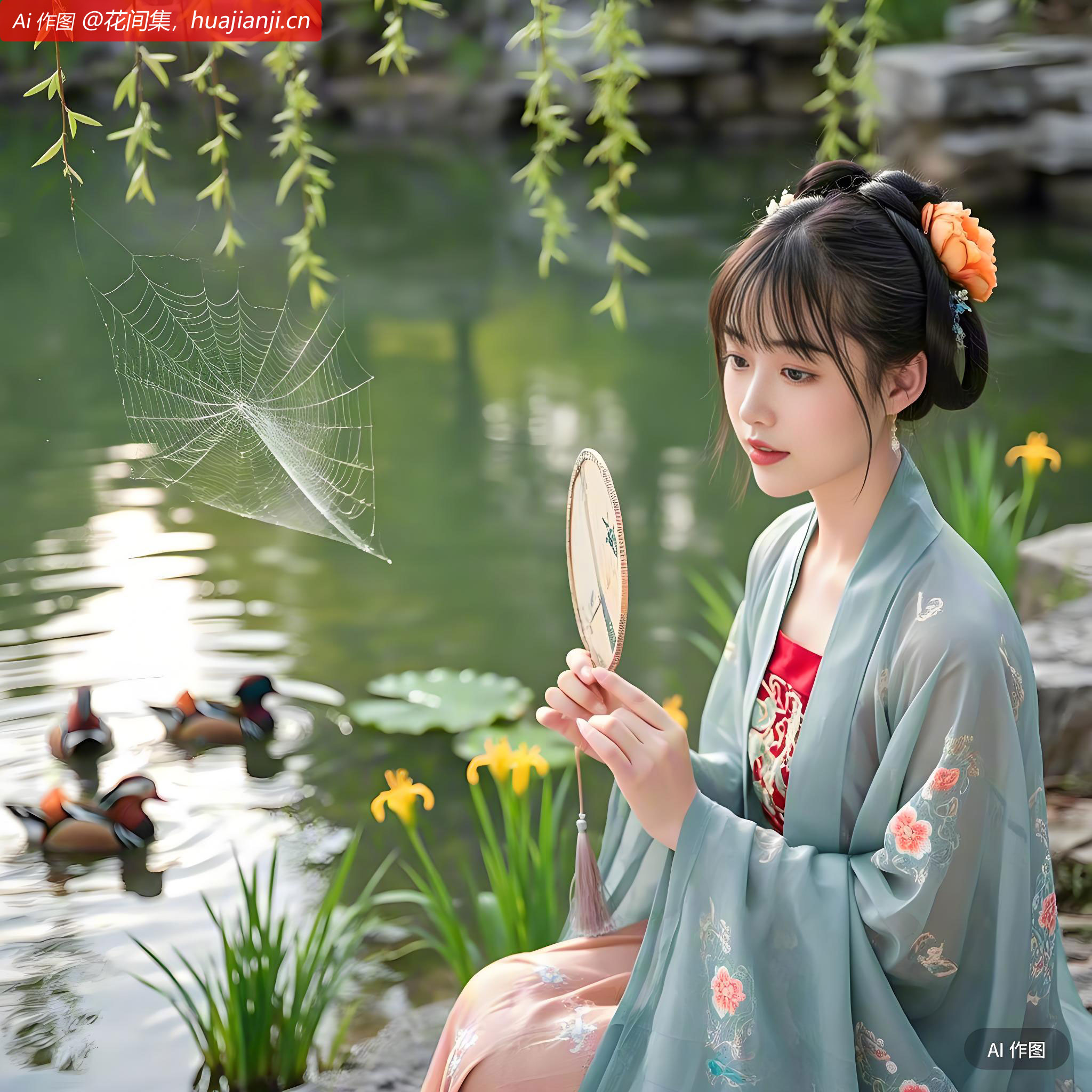 垂杨低拂麴尘波，蛛丝结网露珠多，滴圆荷。