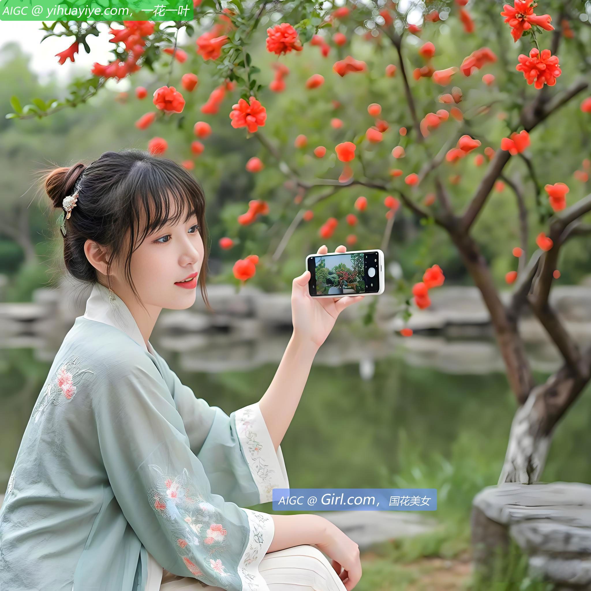 石榴花宛如娇羞的少女，在微风中轻轻摇曳，火红的花瓣如同燃烧的火焰，热烈而奔放。