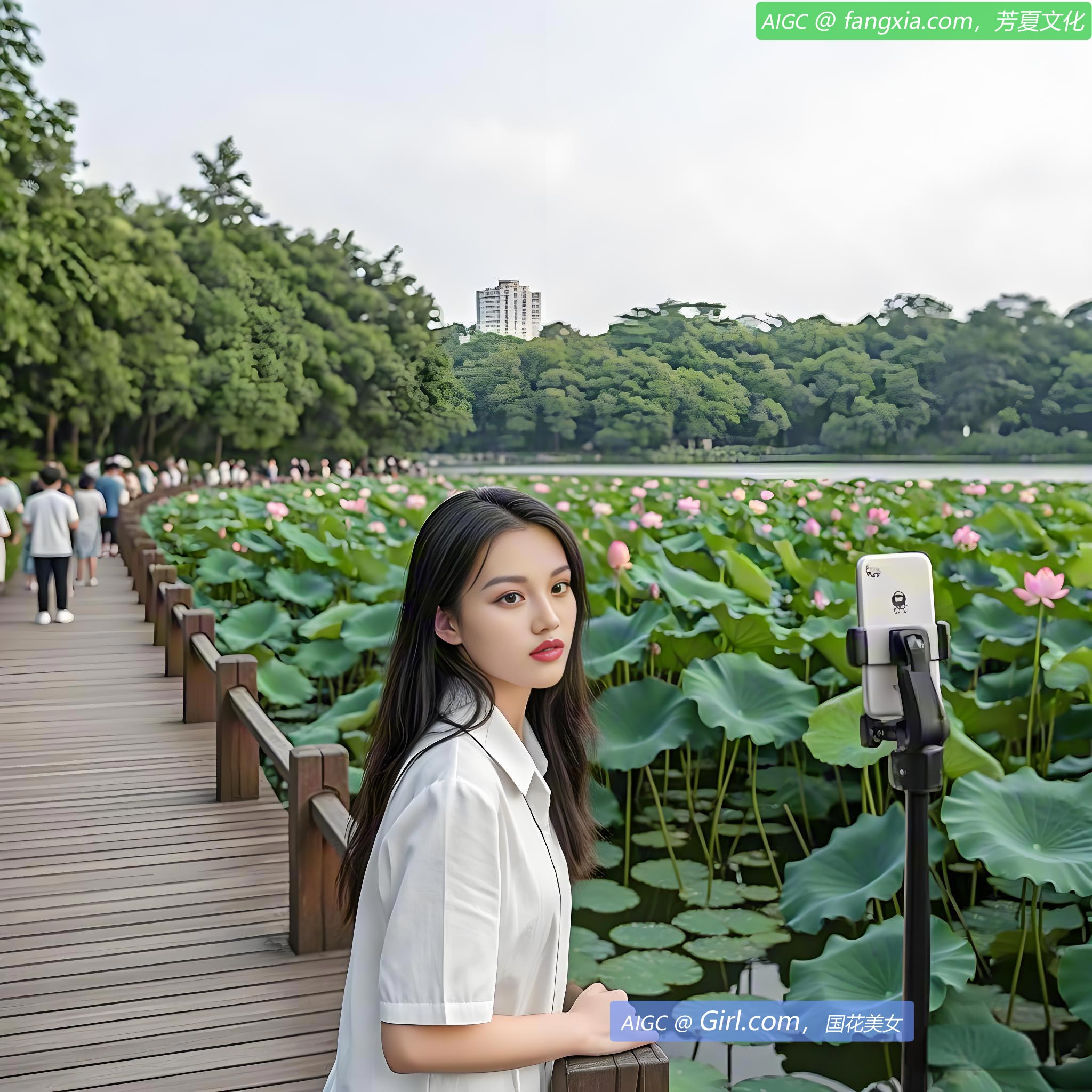 广西南宁狮山公园，湖中荷花吸引游人专程前来