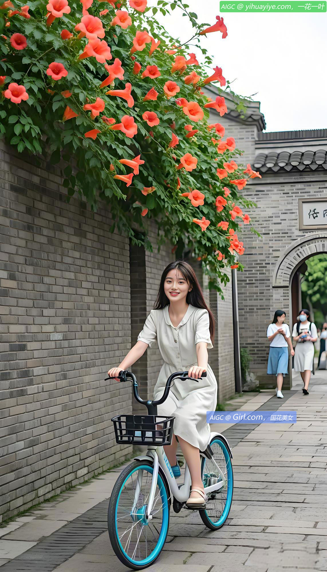 南京老门东， 一个女生骑着单车从盛开的凌霄花下路过