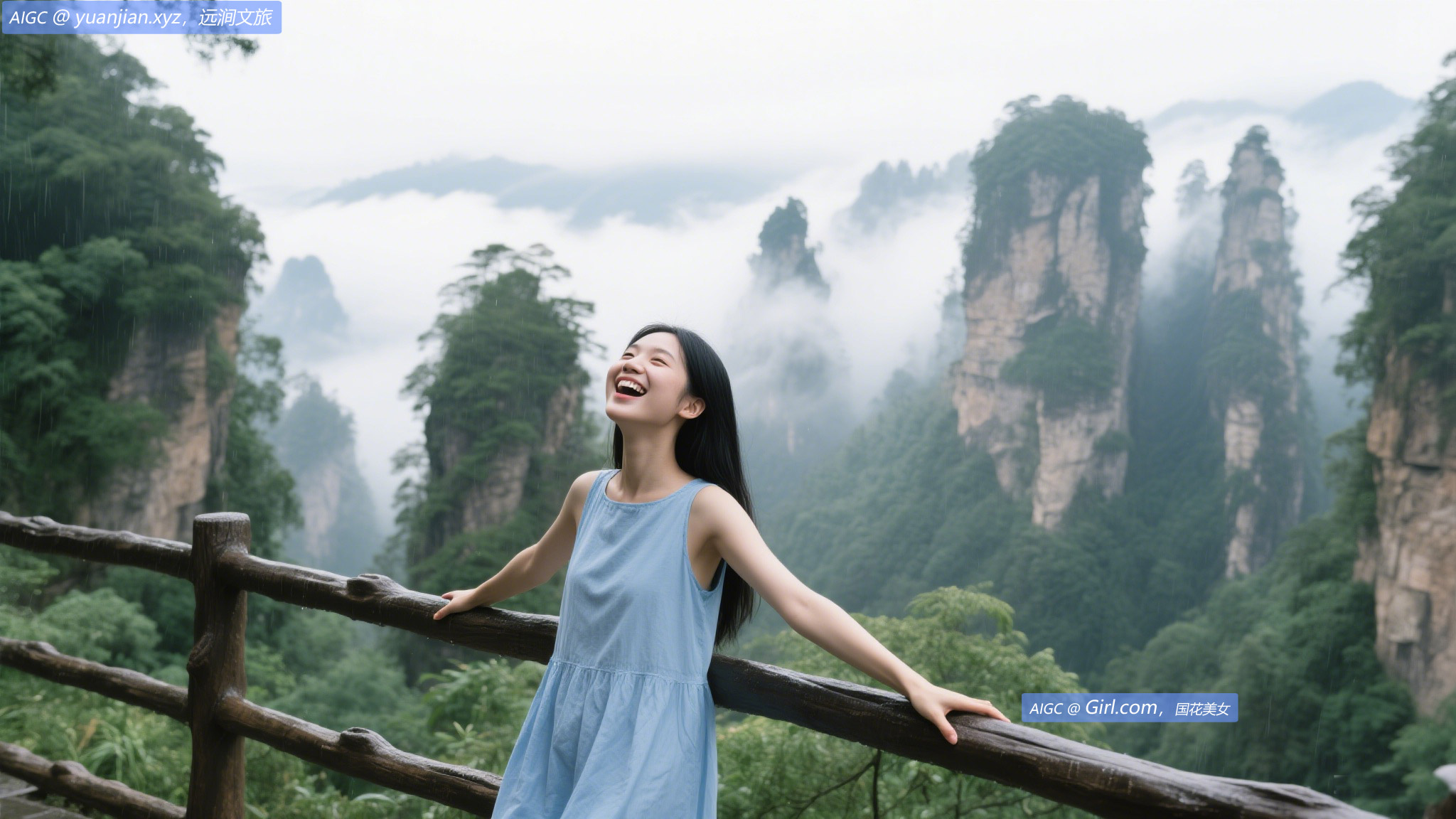 张家界十里画廊景区雨后转晴，云雾缭绕山峰，宛如水墨画卷
