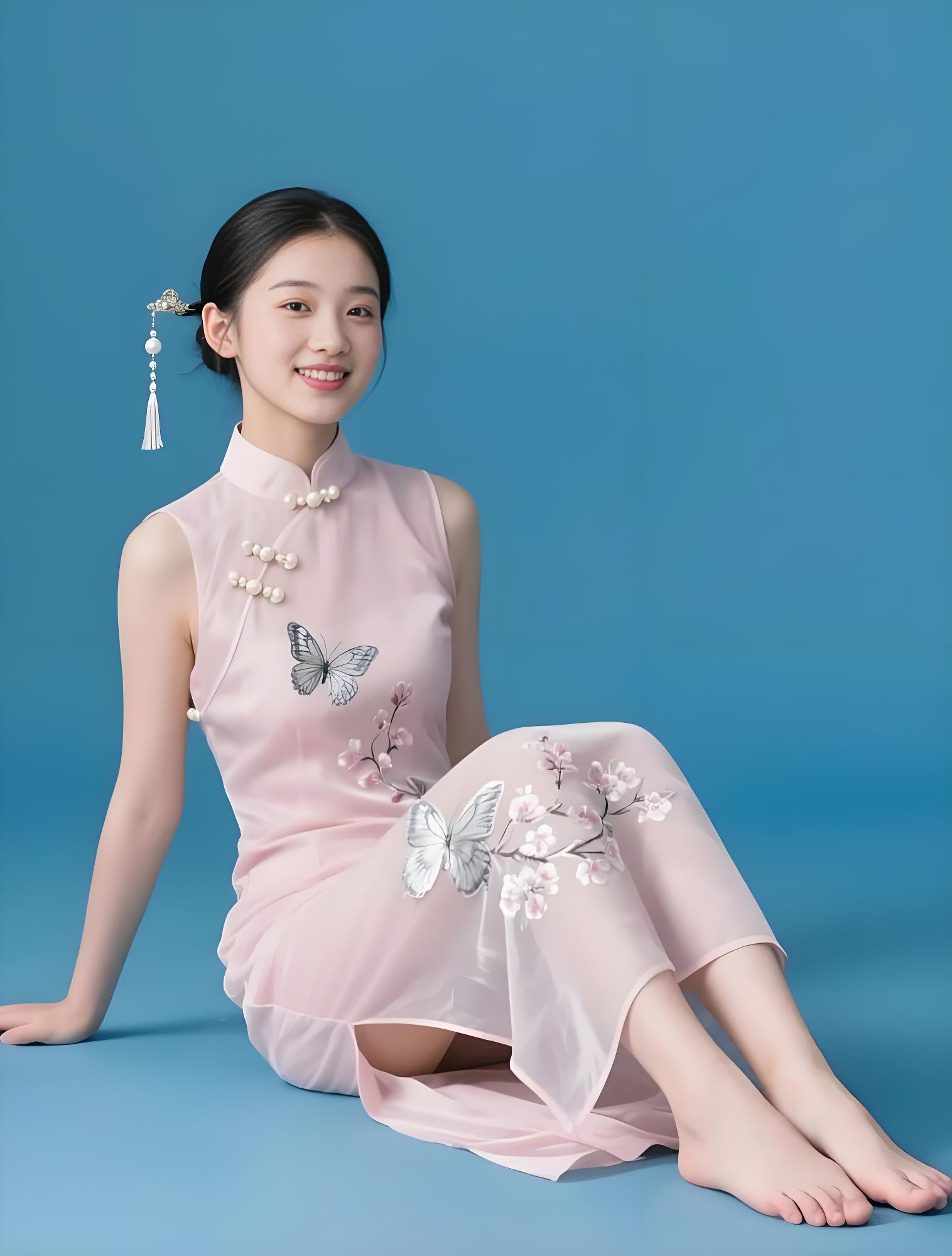 樱源身着苏绣旗袍徜徉在江南园林