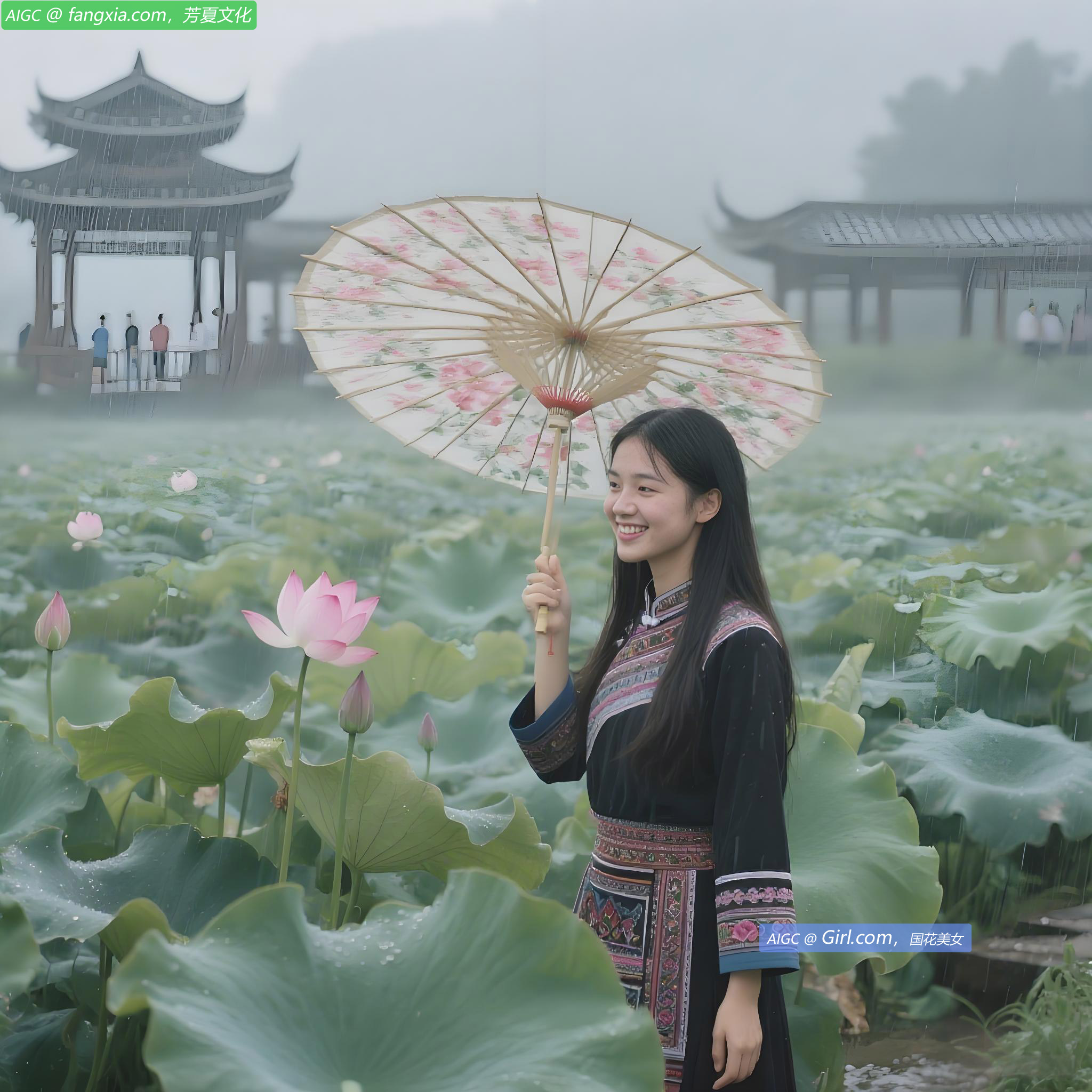 广西三江侗族和里村百亩荷塘，在烟雨中宛若水墨画卷