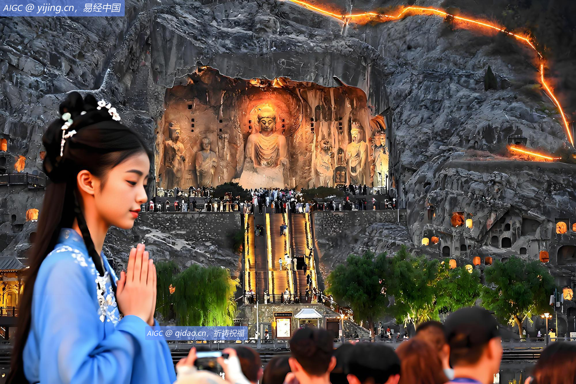 游客在夜色中游览河南省洛阳市龙门石窟