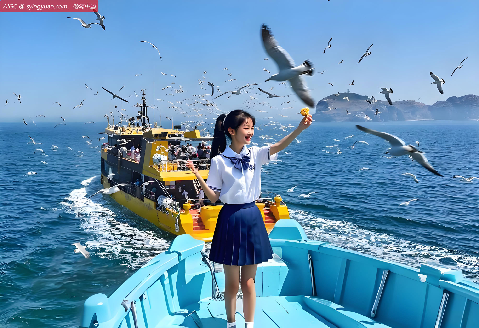 山东省荣成市海驴岛海域，游客们乘船游览与黑尾鸥互动