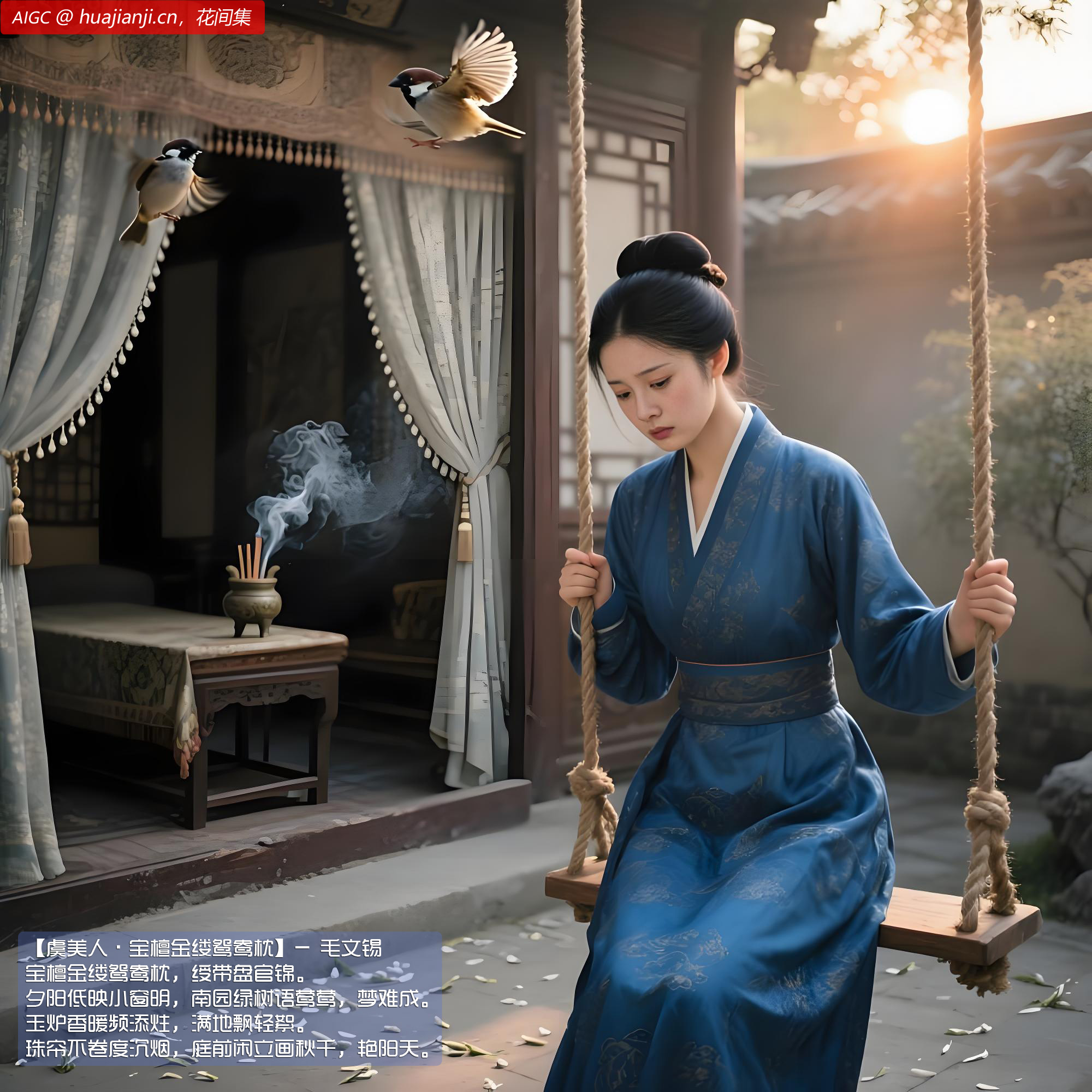 庭前闲立画秋千，艳阳天。