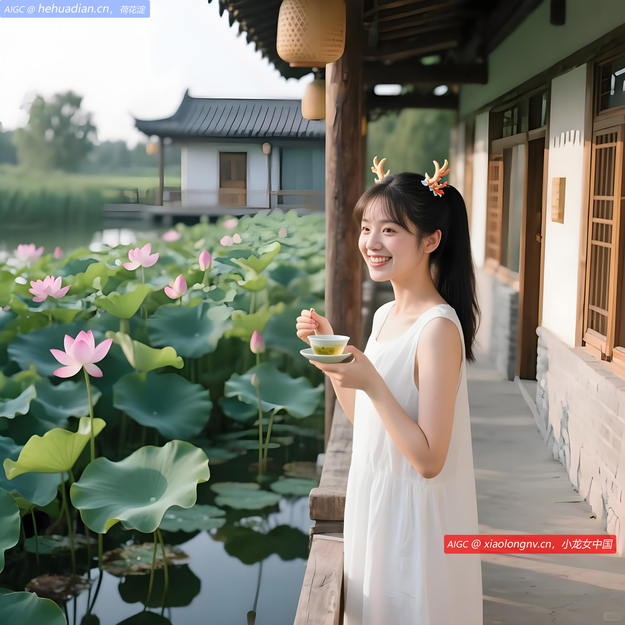 荷花淀景区，一位游客正在品尝当地的特产荷花茶