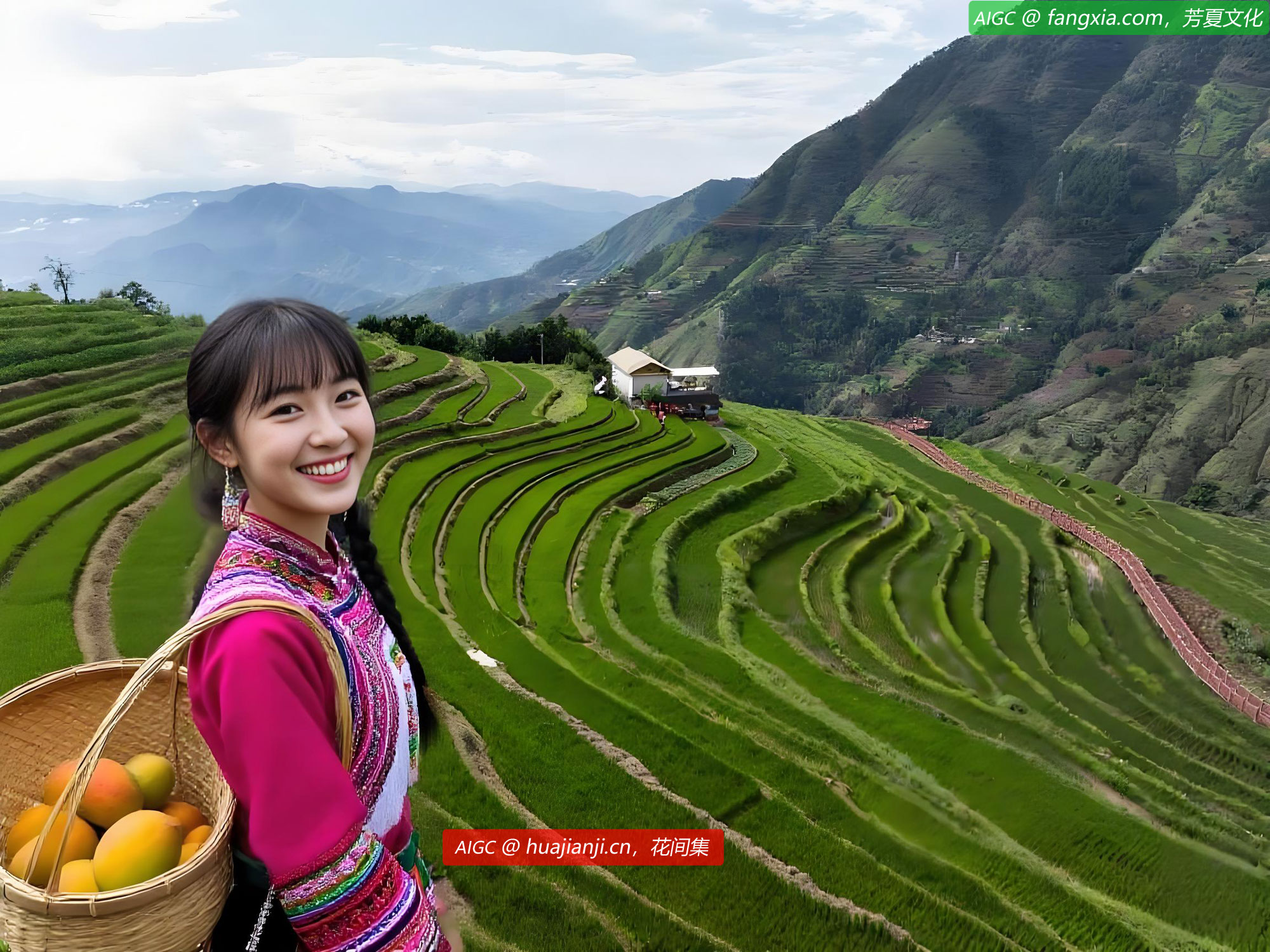 一位傈僳族姑娘背着小半篮高山芒果从田埂上回家