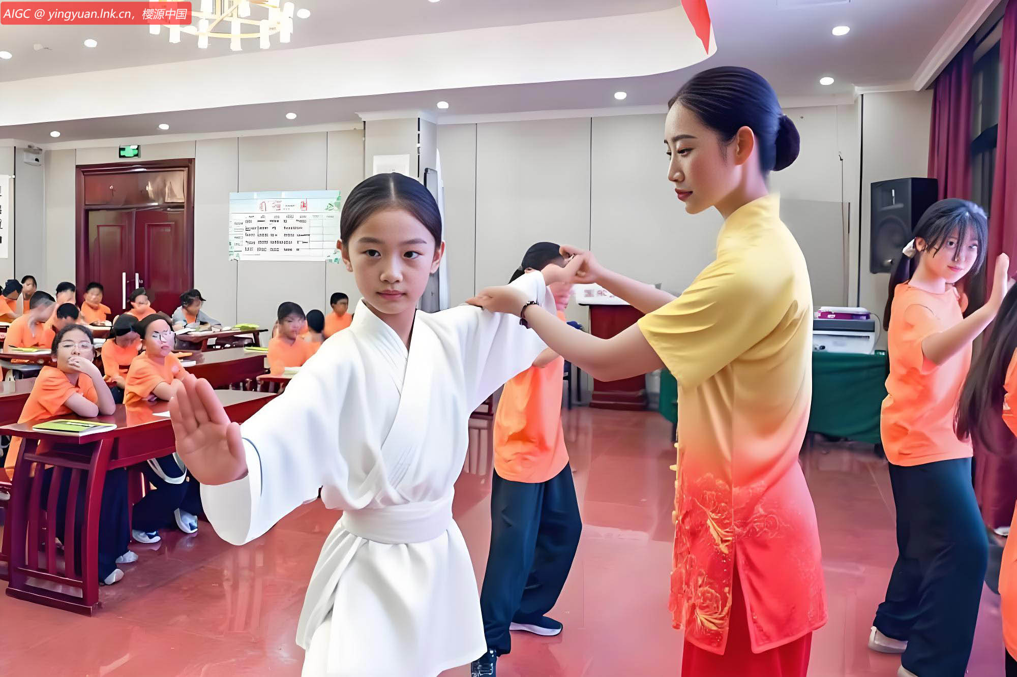 公益国学夏令营活动中，武术教练指导儿童练习五步拳