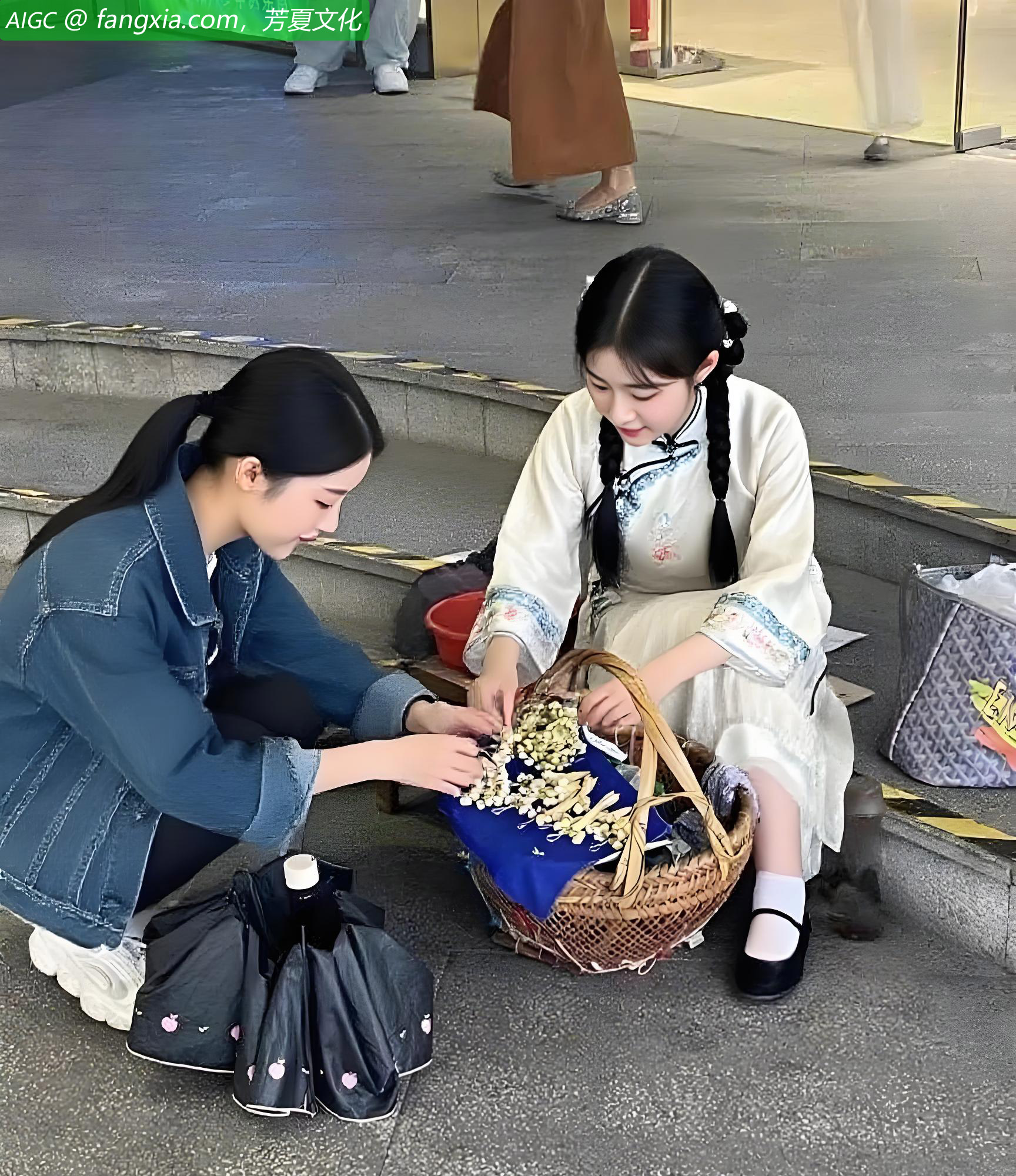 百乐门大都会广场前，一个小姑娘正在售卖白兰花