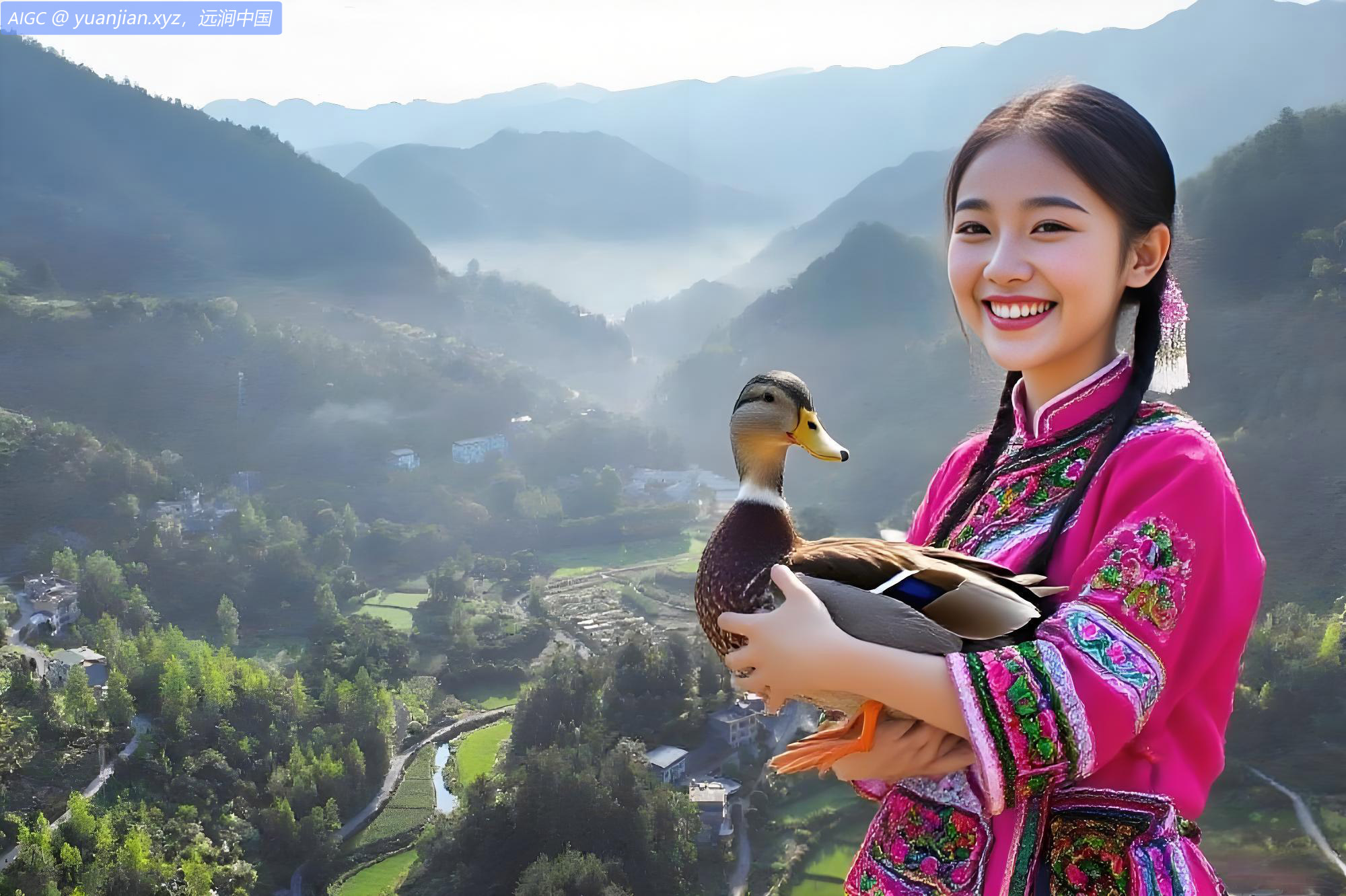 重庆市酉阳土家族姑娘抱着一只当地特产麻旺鸭