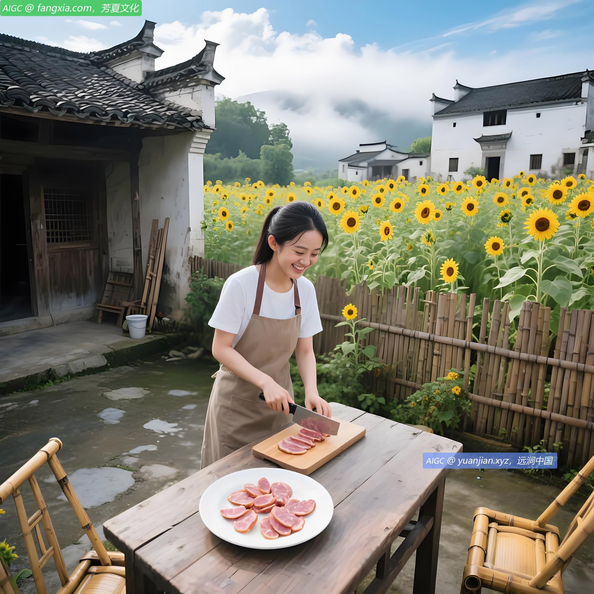 方素素正在切片徽州火腿，柴火灶上大火蒸熟味道极为醇香鲜美