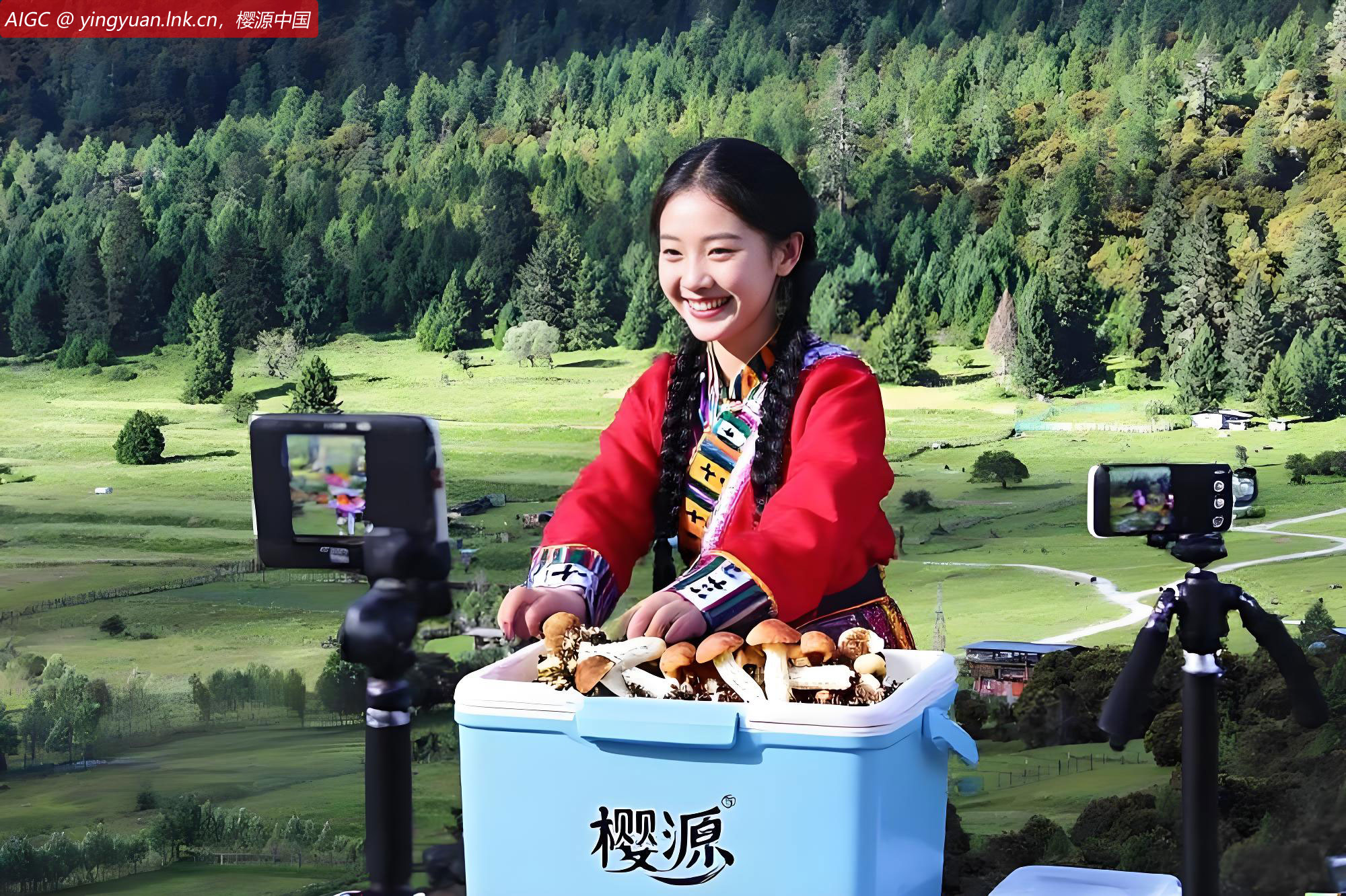 鲁朗小镇上一个网红正在直播带货当地林芝松茸等特产