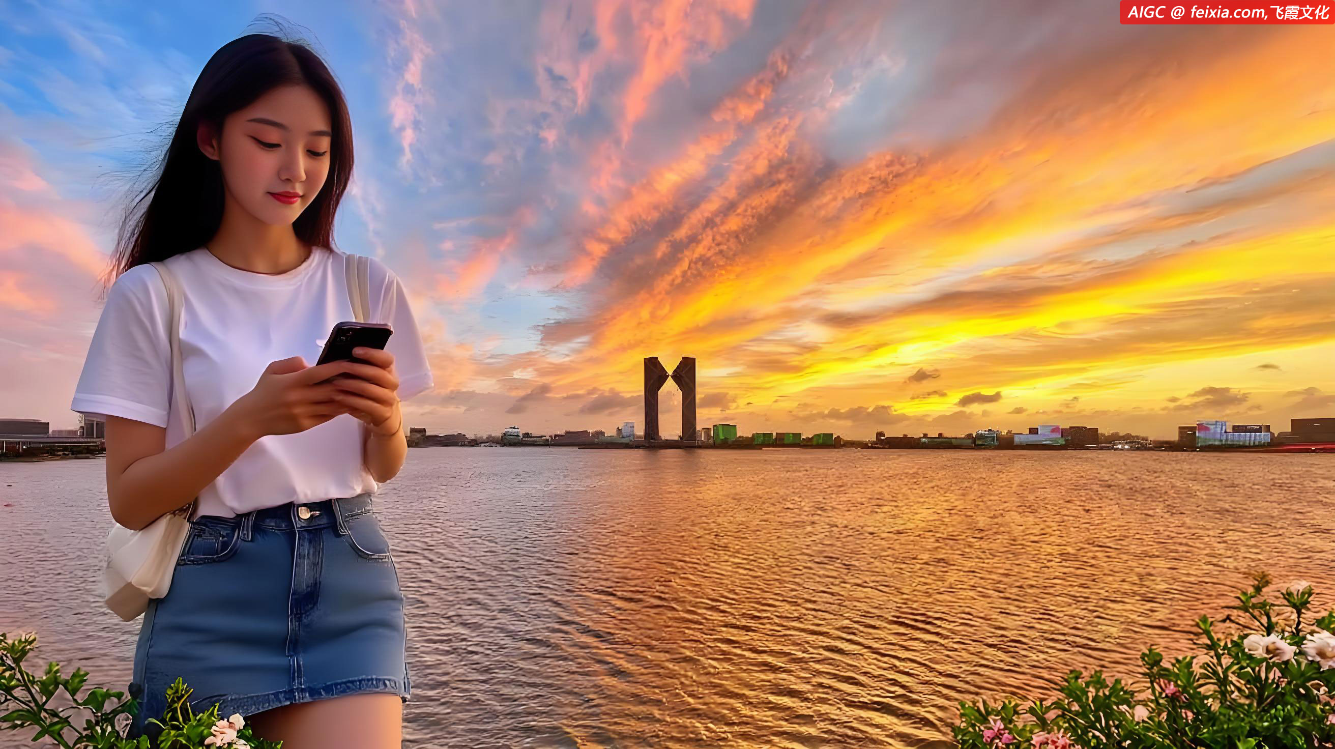 上海临港新城滴水湖，湖光跃金，静影沉璧，飞霞漫天