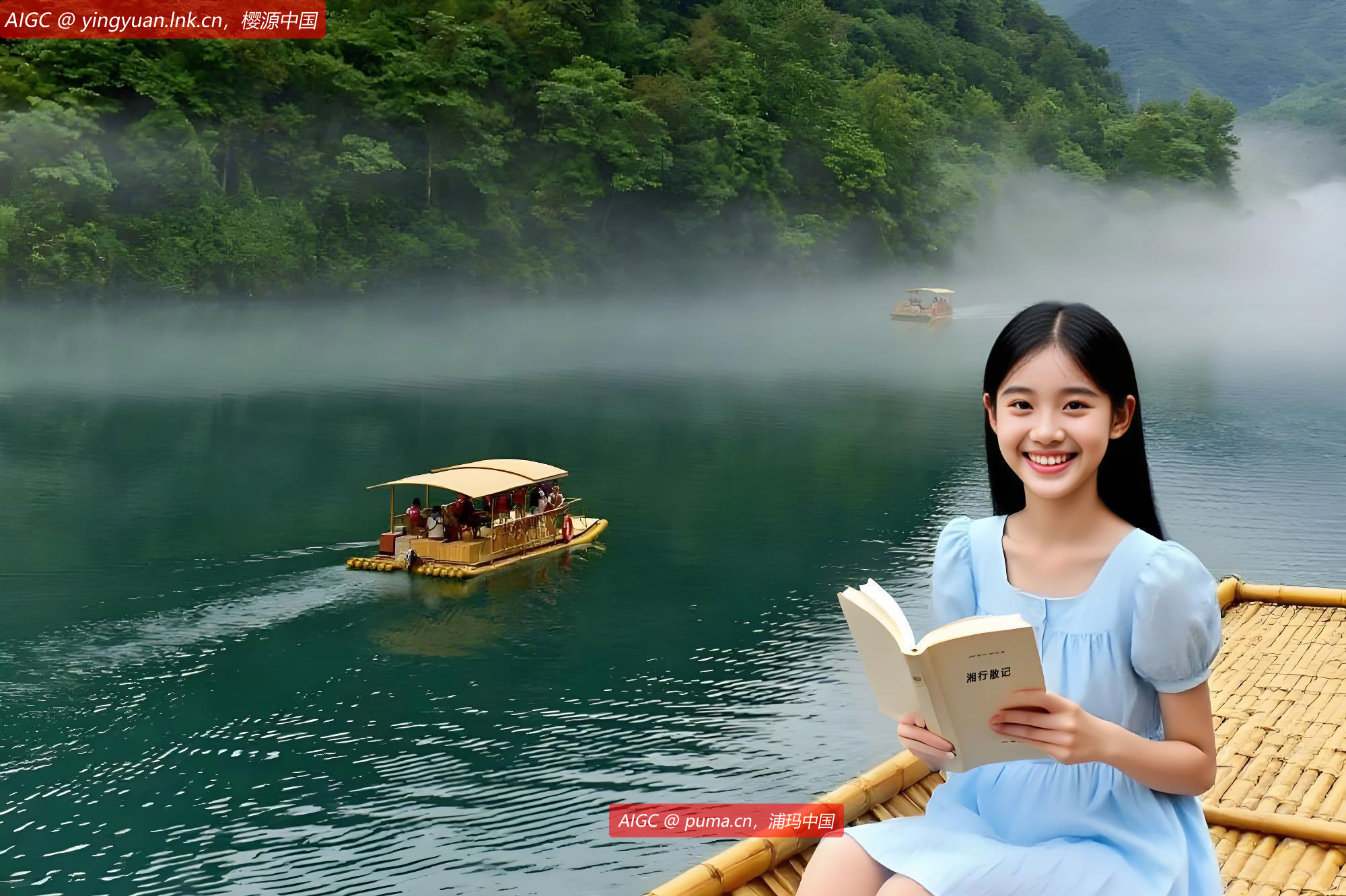 小东江上薄雾飘渺，一位蓝裙少女在阅读沈从文的《湘行散记》