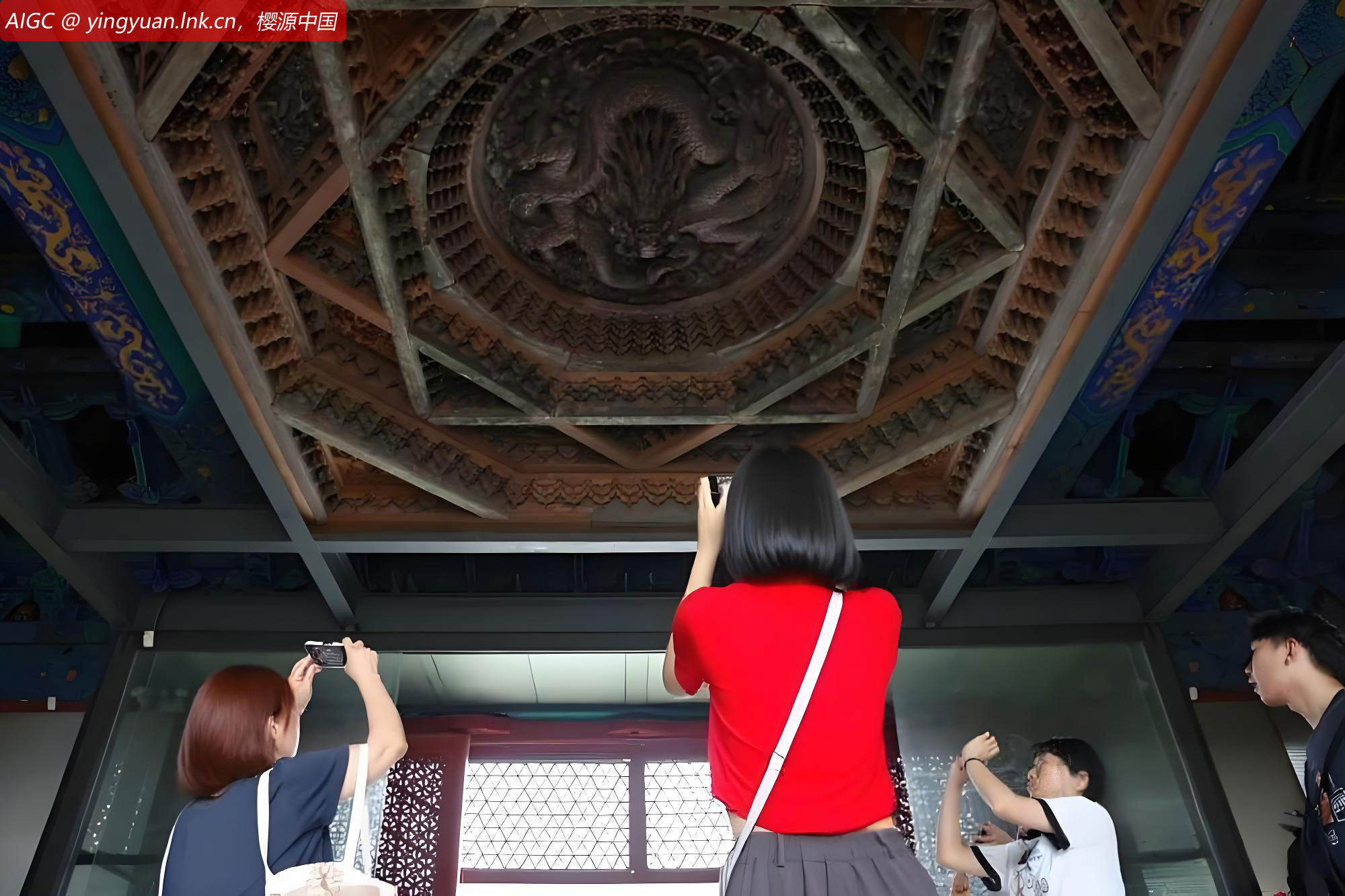 游客在北京先农坛拜殿内拍摄藻井