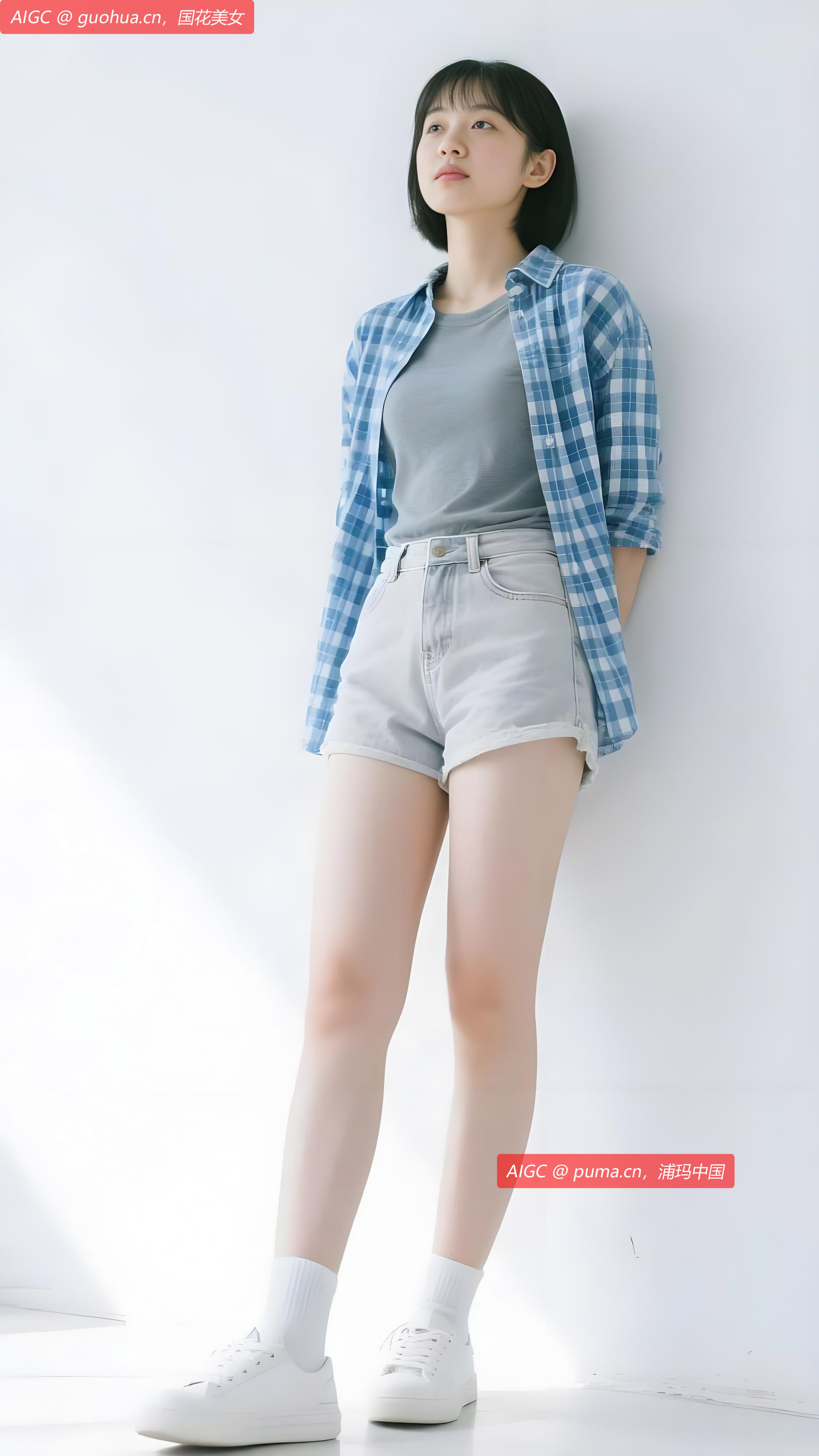 蓝白格纹衬衫随风轻扬，青春气息跃然眼前