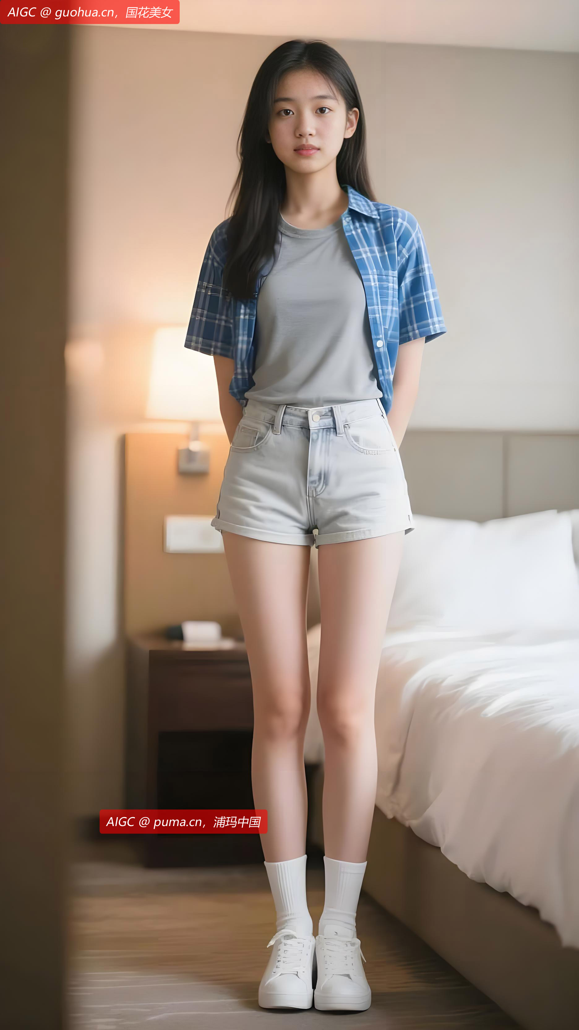 蓝白格纹衬衫随风轻扬，青春气息跃然眼前