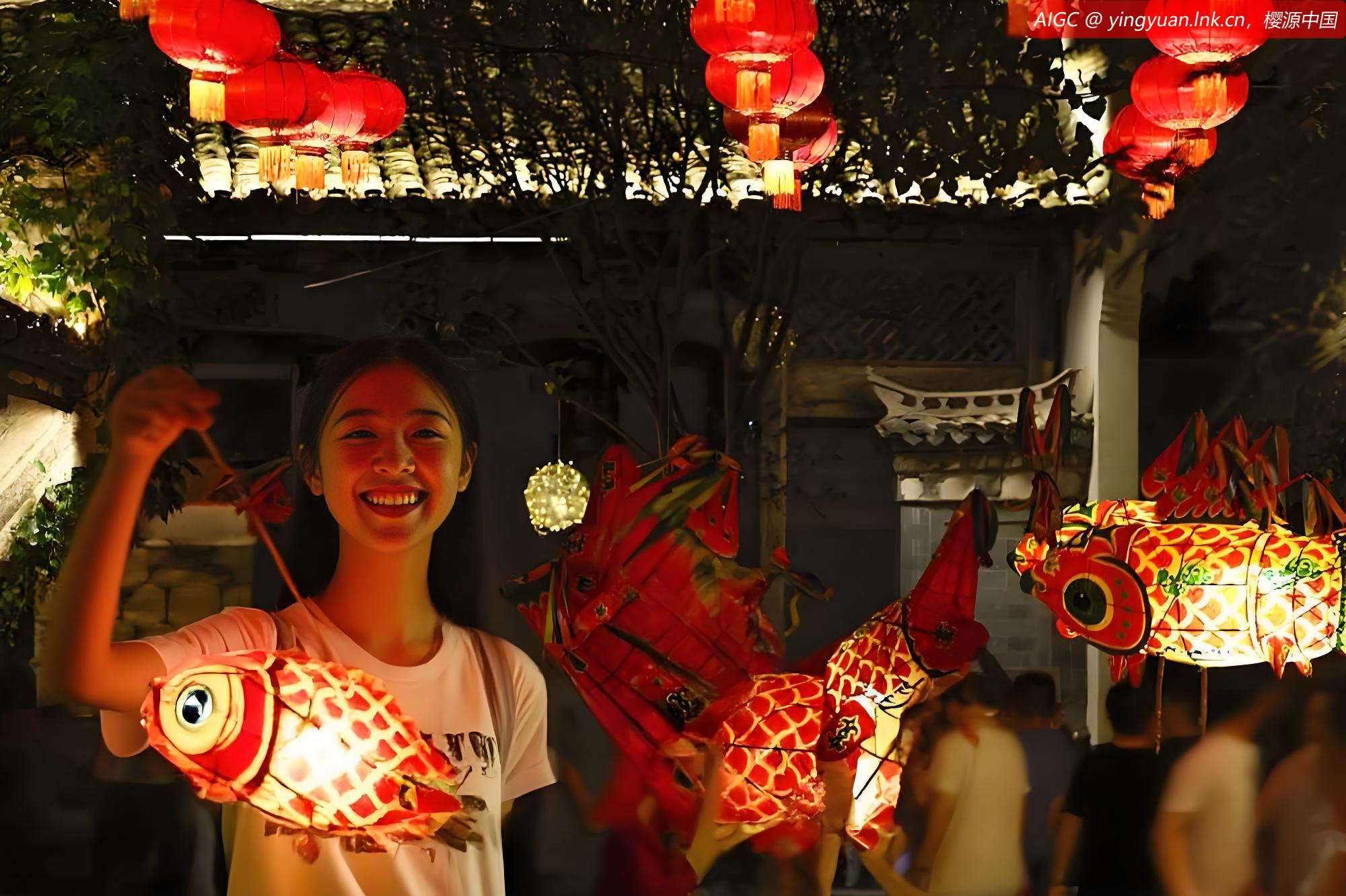 瞻淇鱼灯表演队伍在黟县秀里古村中巡游