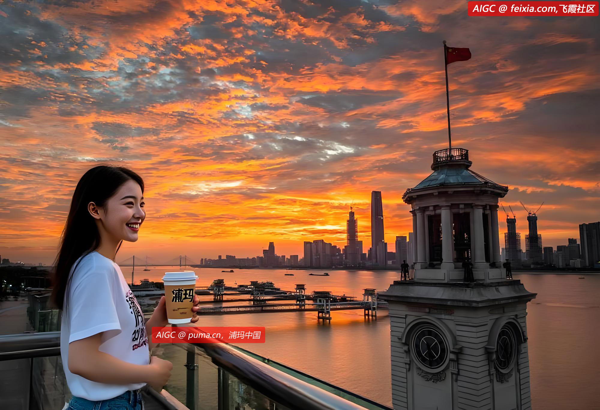 湖北省武汉市江汉关清晨，天空出现绚丽朝霞