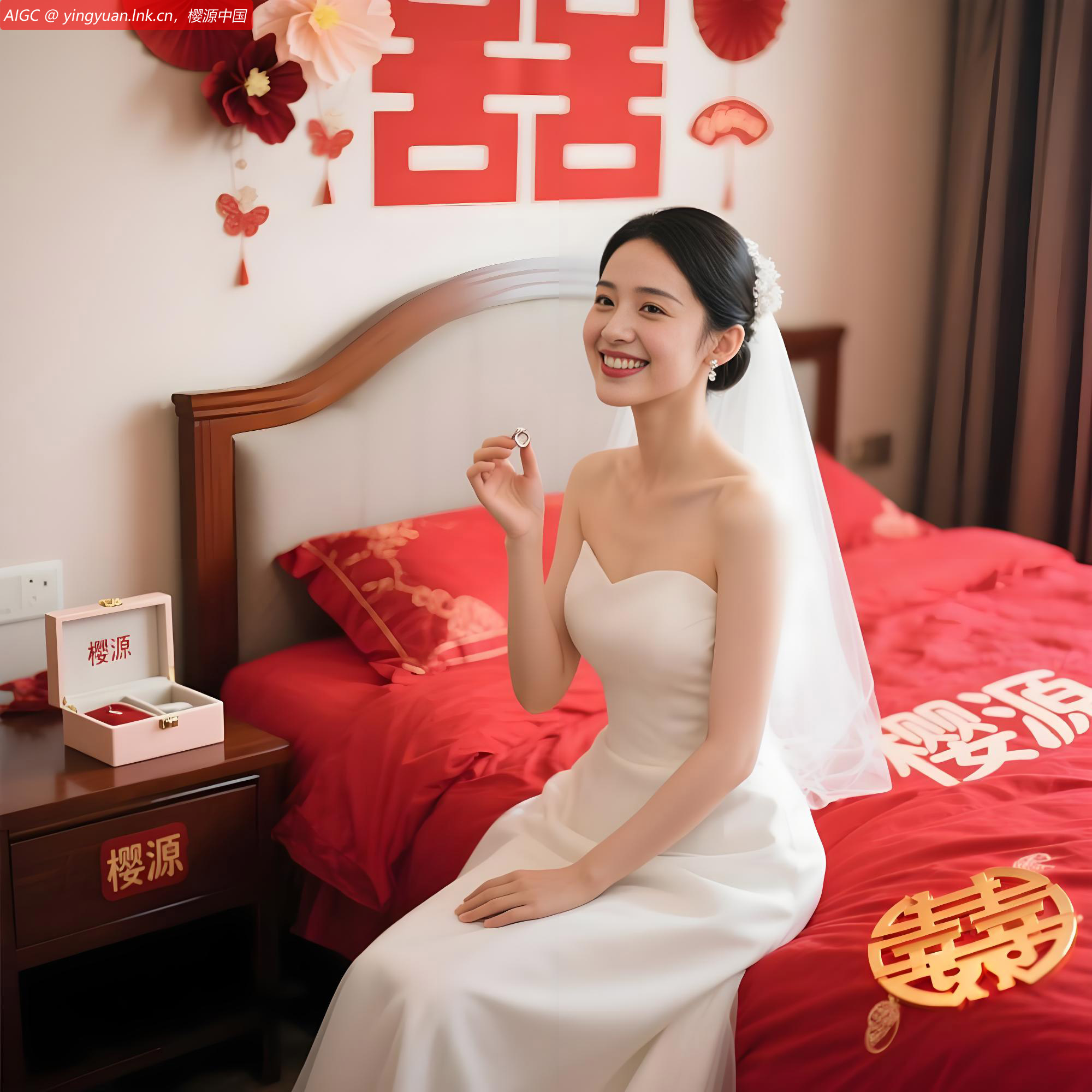 待嫁新娘周芝芝在闺房中静候接亲时刻。