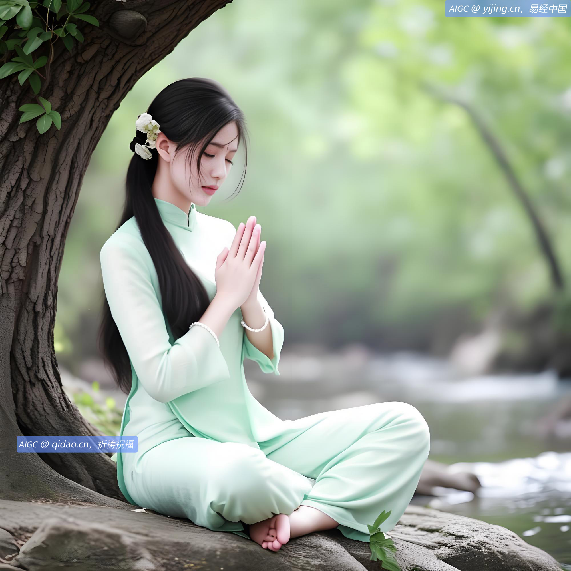 她端坐祈祷，掌心相叠如莲花初绽