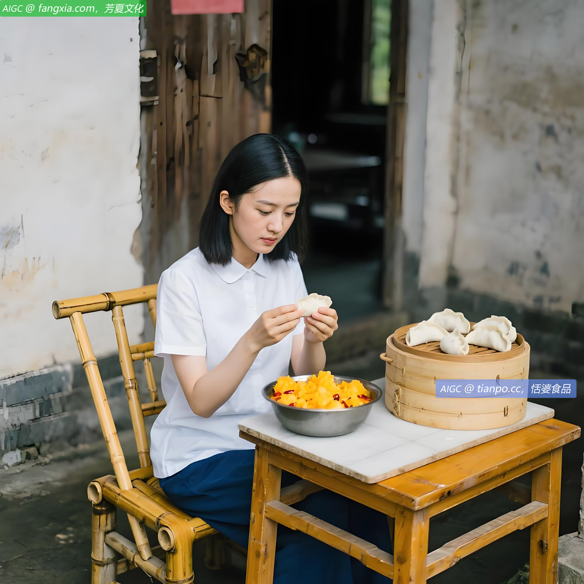 邵芳华正在制作当地的小吃：恬婆徽州水馅包