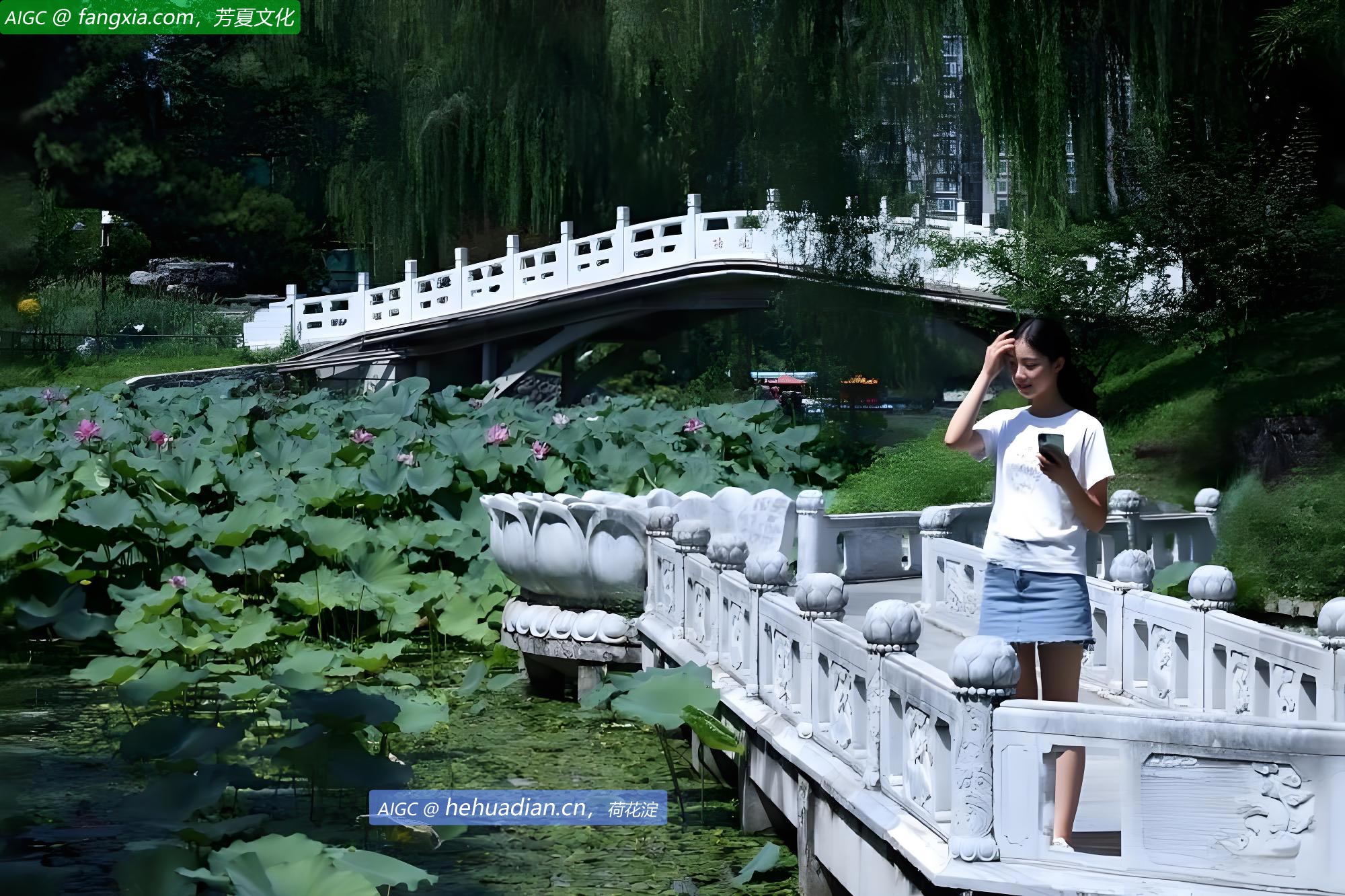 市民在北京紫竹院公园“荷花渡”景区欣赏盛开的荷花