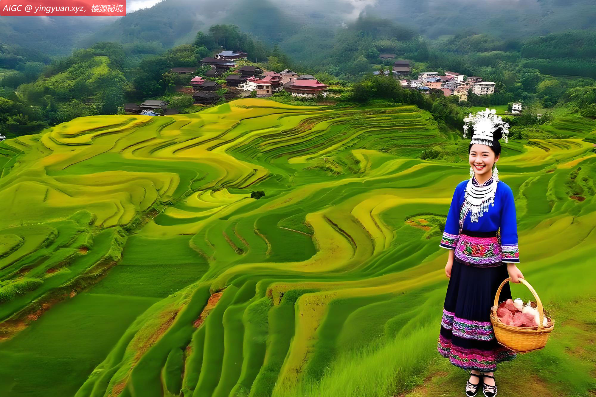苗寨稻田阡陌上，一位姑娘提着一篮子的牛腊巴和糯米酒