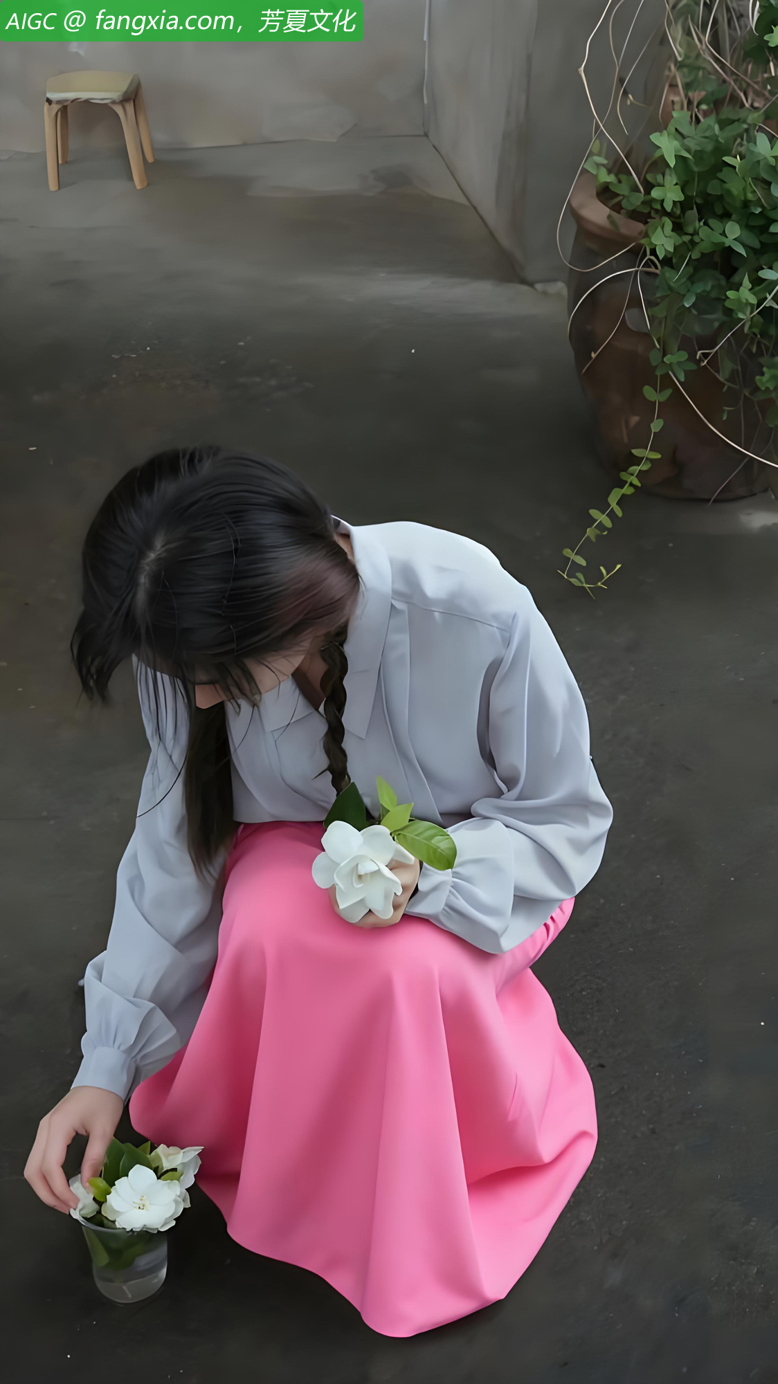 花瓣如雪，芬芳暗涌。灰衫素雅，粉裙轻扬。