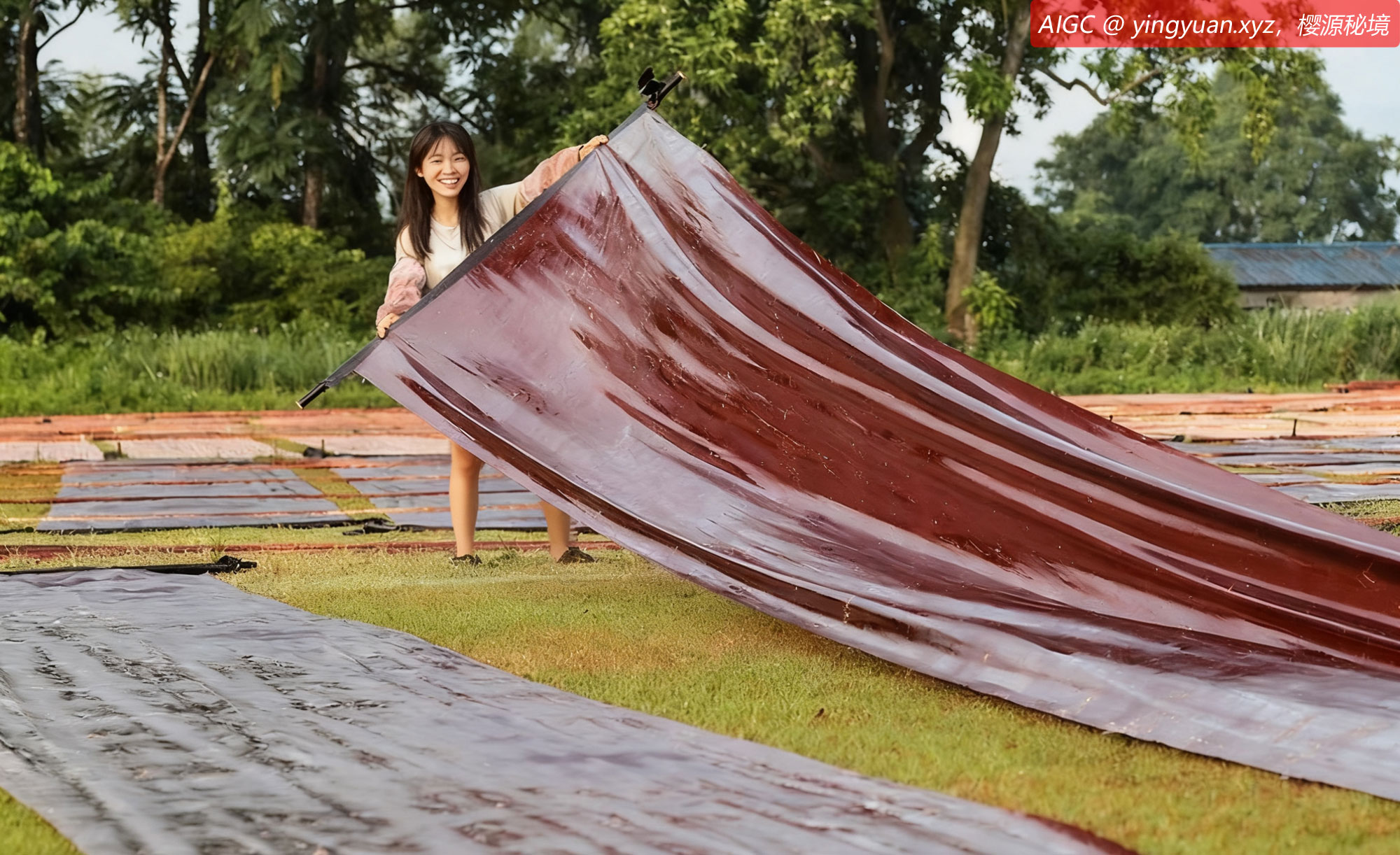 广西梧州市蒙山县一家香云纱企业的晒场