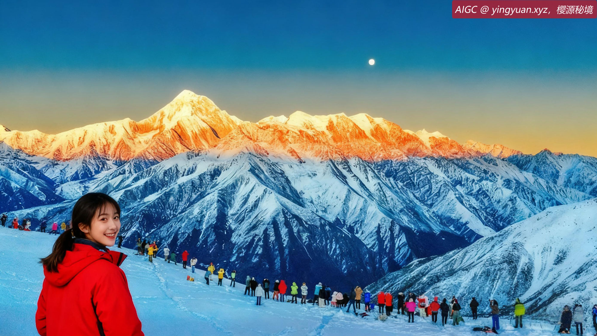 日照金山！游客在贡嘎山国家级自然保护区景点游览